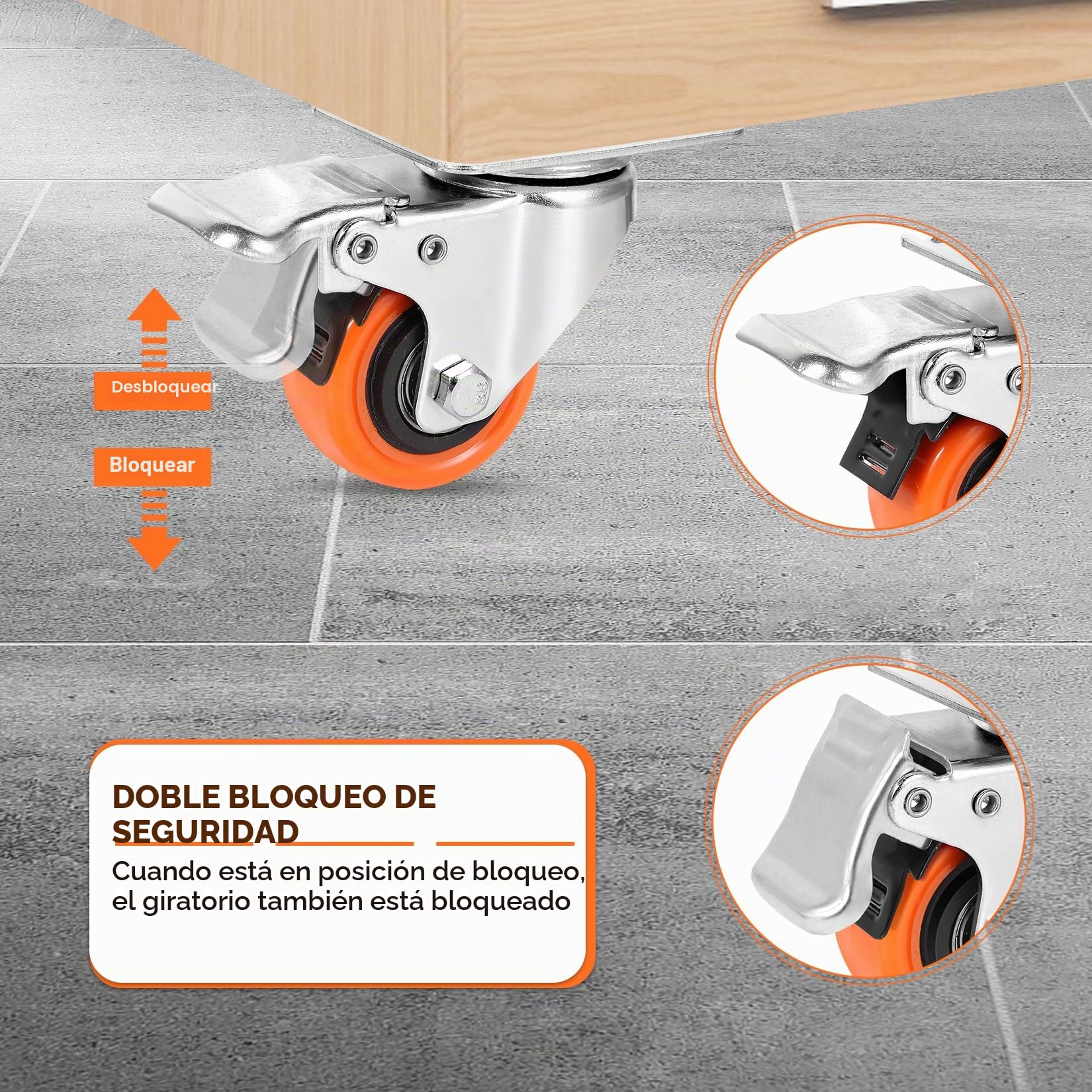 W B D WEIBIDA 50mm Ruedas para Muebles con 4 Doble Freno, Silencioso&Duradero Ruedas Giratorias Pequeñas Poliuretano Carga de 270KG, Ruedas para Muebles Pesados, Carros, Carretillas, Muebles, Set de 4