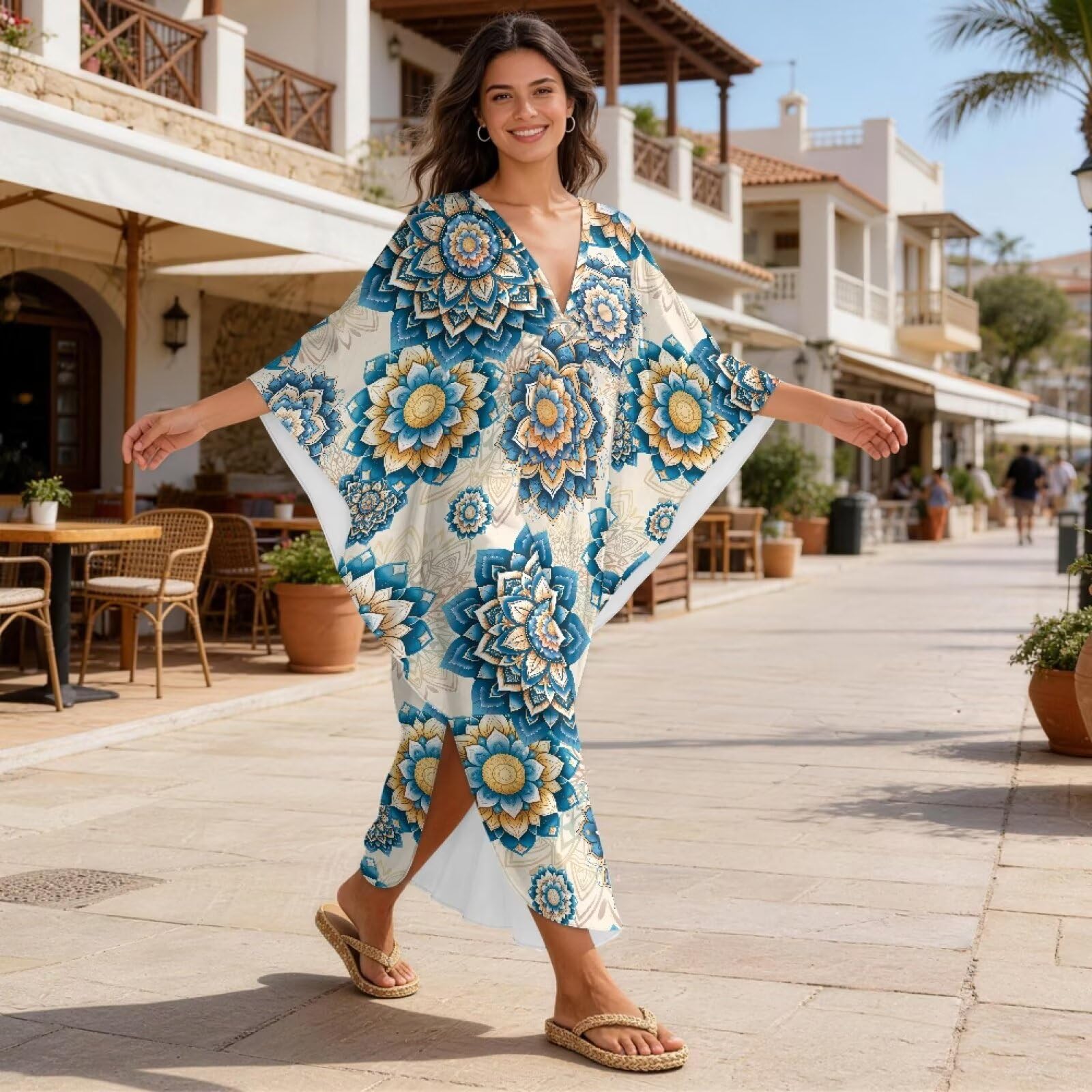 Xoenoiee Damskie sukienki kaftanowe plus size okrycie plażowe dekolt w serek rękaw nietoperz strój kąpielowy okrycie letnia sukienka kaftan