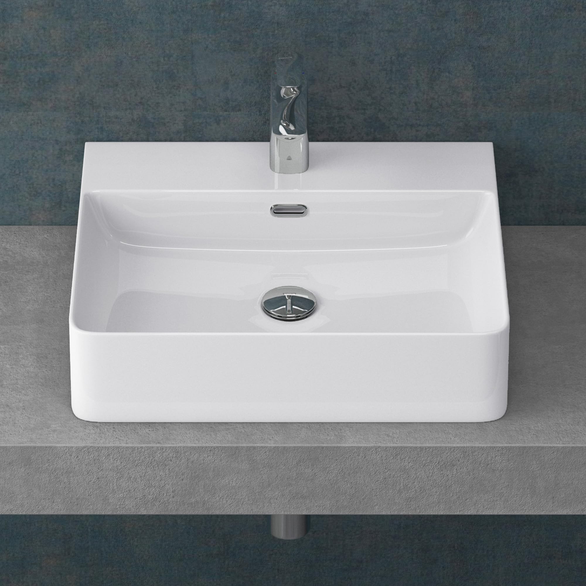 Mai & Mai Glossy White Bathroom Sink Basin Countertop Wash Basin | Ceramic White Rectangular Wall Mounted | Wdh: 50X42×12Cm | Modern Design Bathroom Vessel Sink | Nano-Coating Meissen201