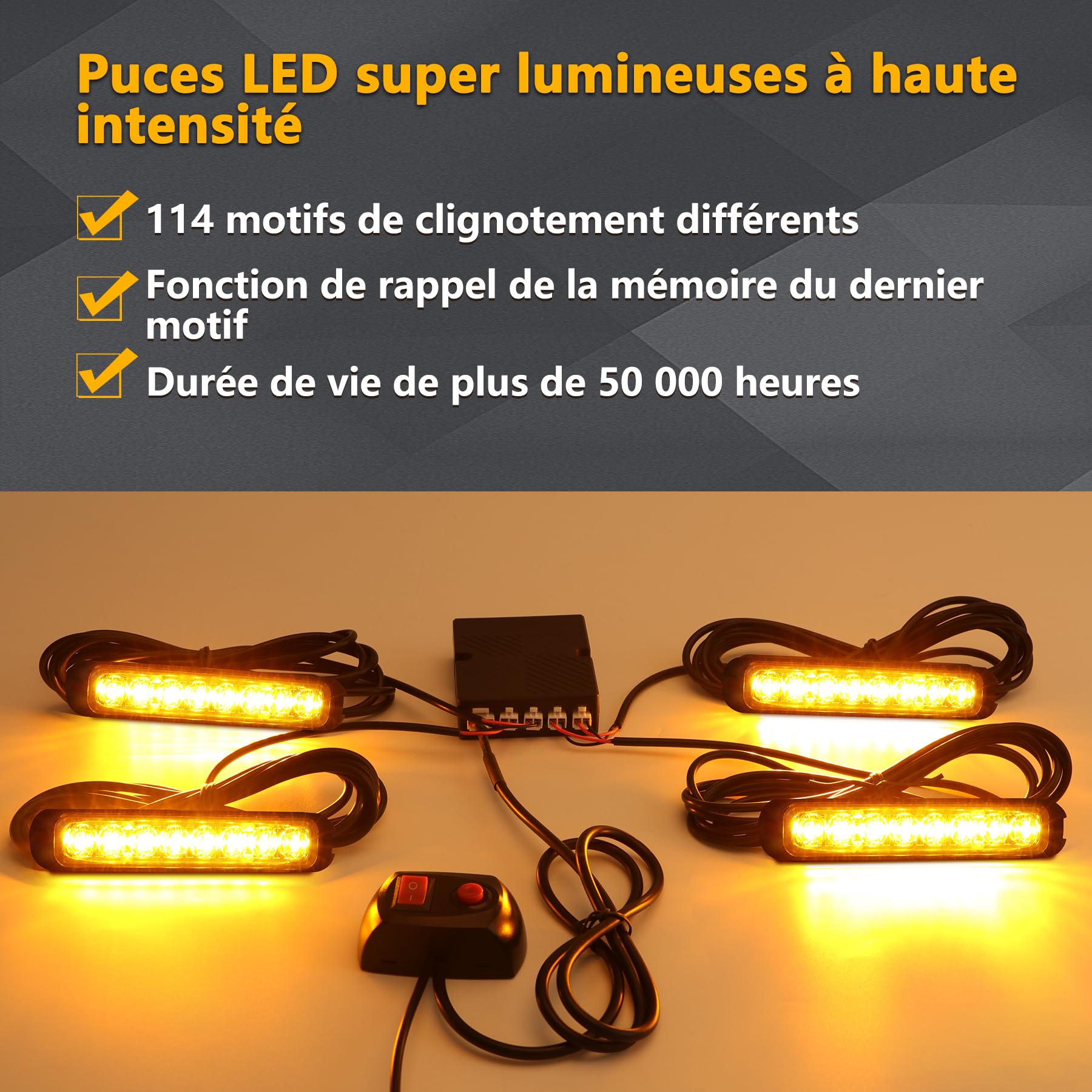 Feux de Pénétration LED Orange 12/24V, 4×8 LED, 14 Modes | IP65 étanche, adapté aux conditions difficiles, avec feu stroboscopique LED orange pour camions et voitures
