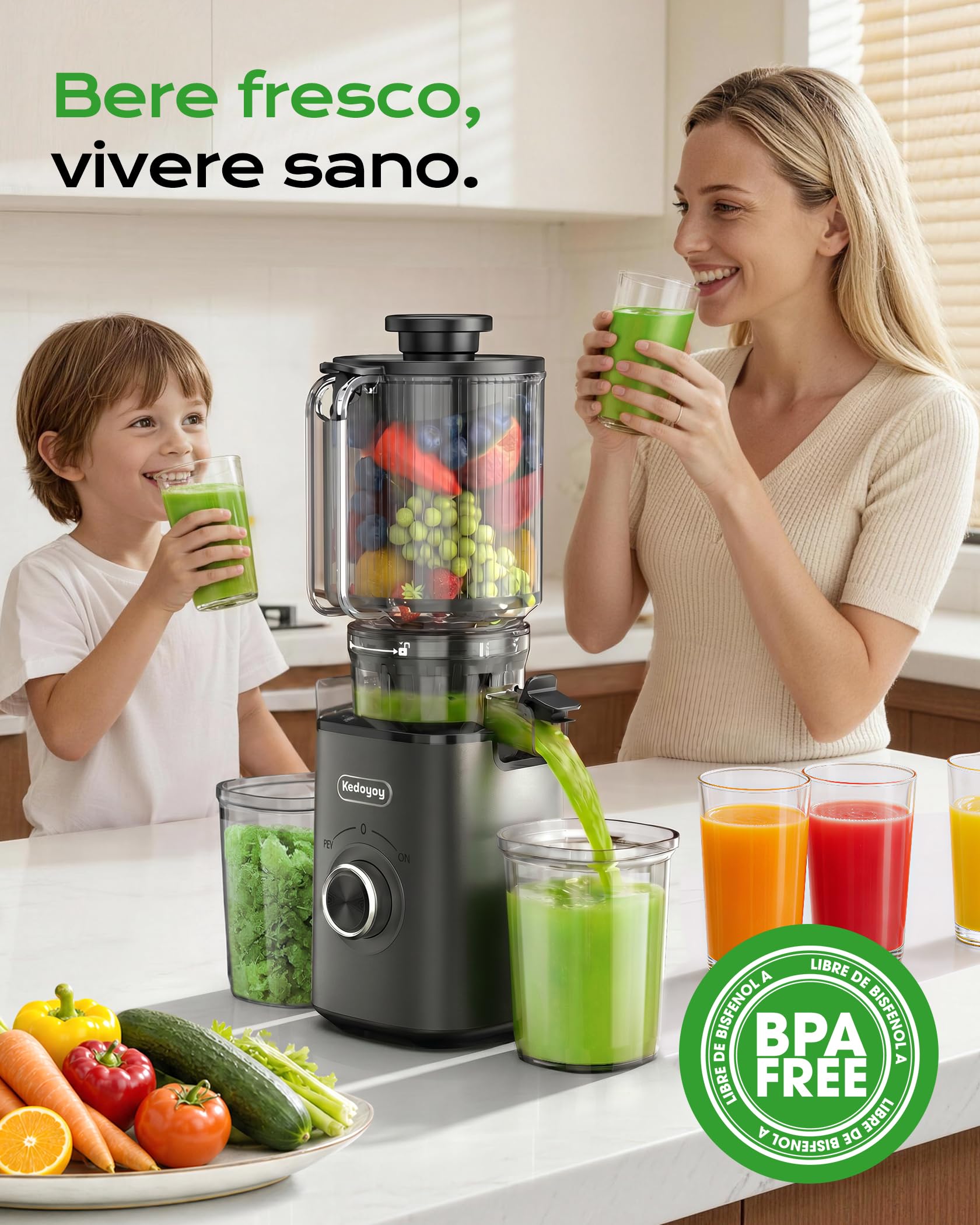 Estrattore di succo per verdure e frutta, 130 mm XL | 1,8L Slow Juicer, 600 ml contenitore, per famiglie, senza BPA, facile da pulire, grigio