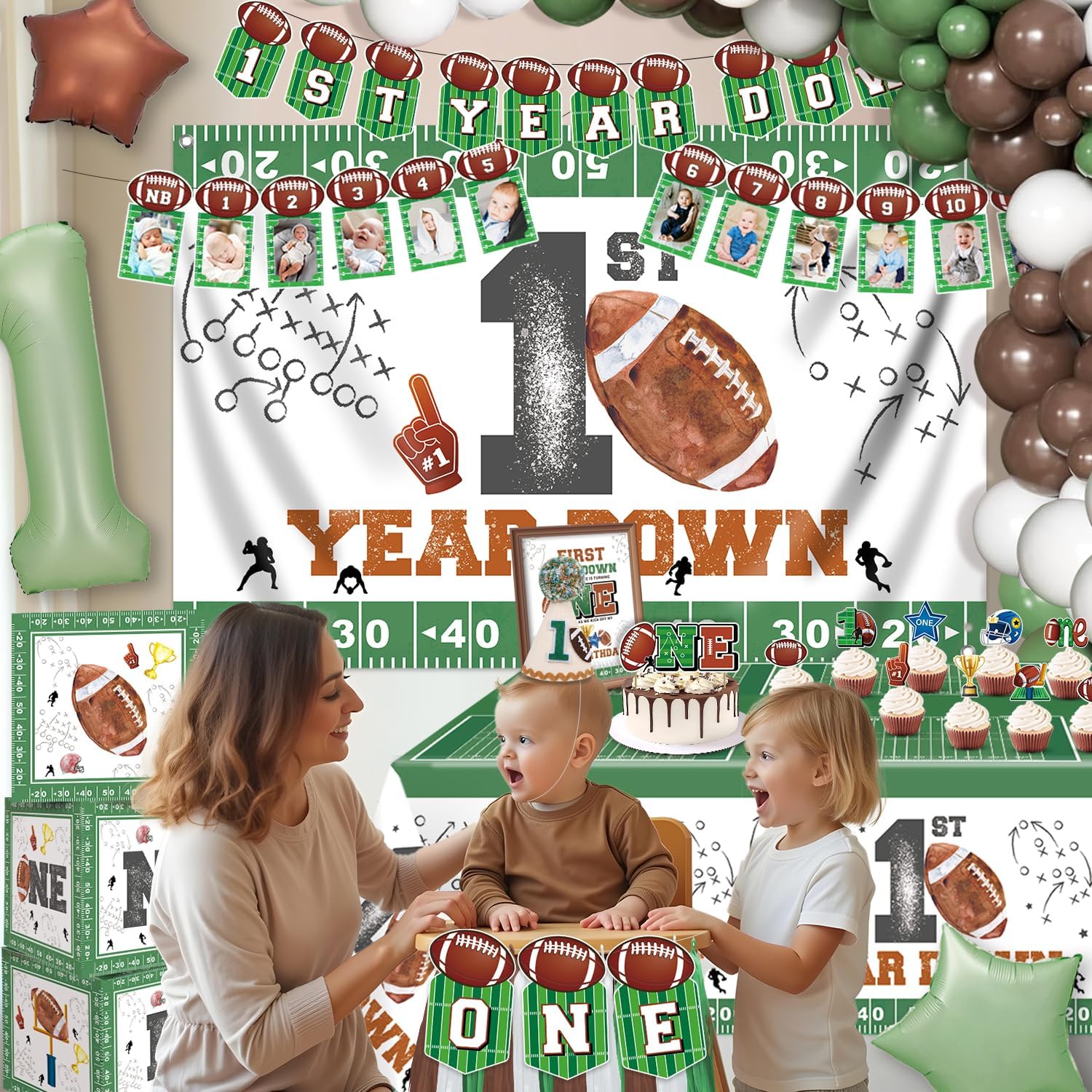 First Birthday Decorations – First Year Down Birthday Party Decorations Kit with 40" Balloon, Banner, Photo Garland, Backdrop & Football Decor