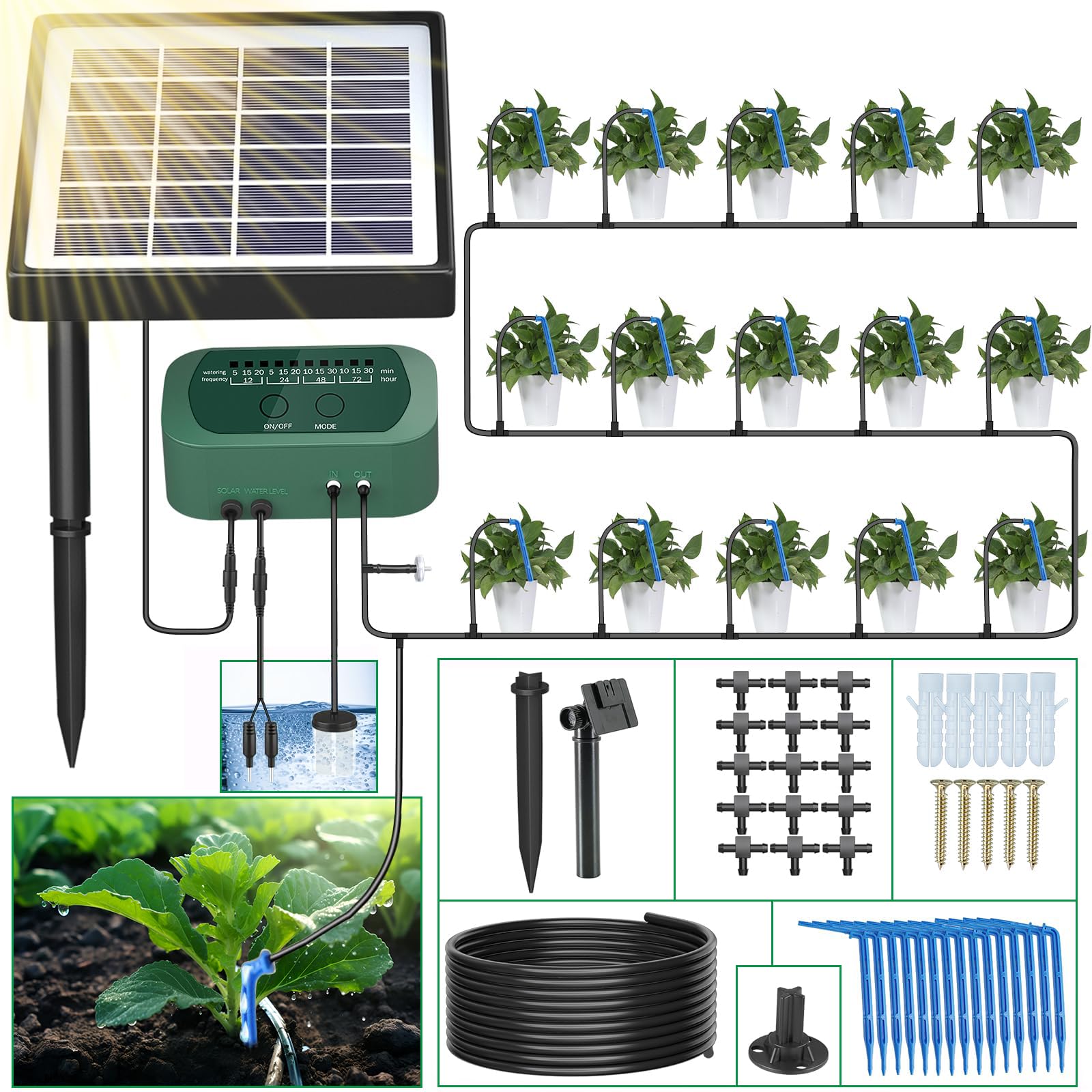 SoulBay Kit de Riego Automático Solar con Temporizador de 12 Modos y Tubo de 150 cm para Plantas en Macetas de Jardín, Interiores y Exteriores