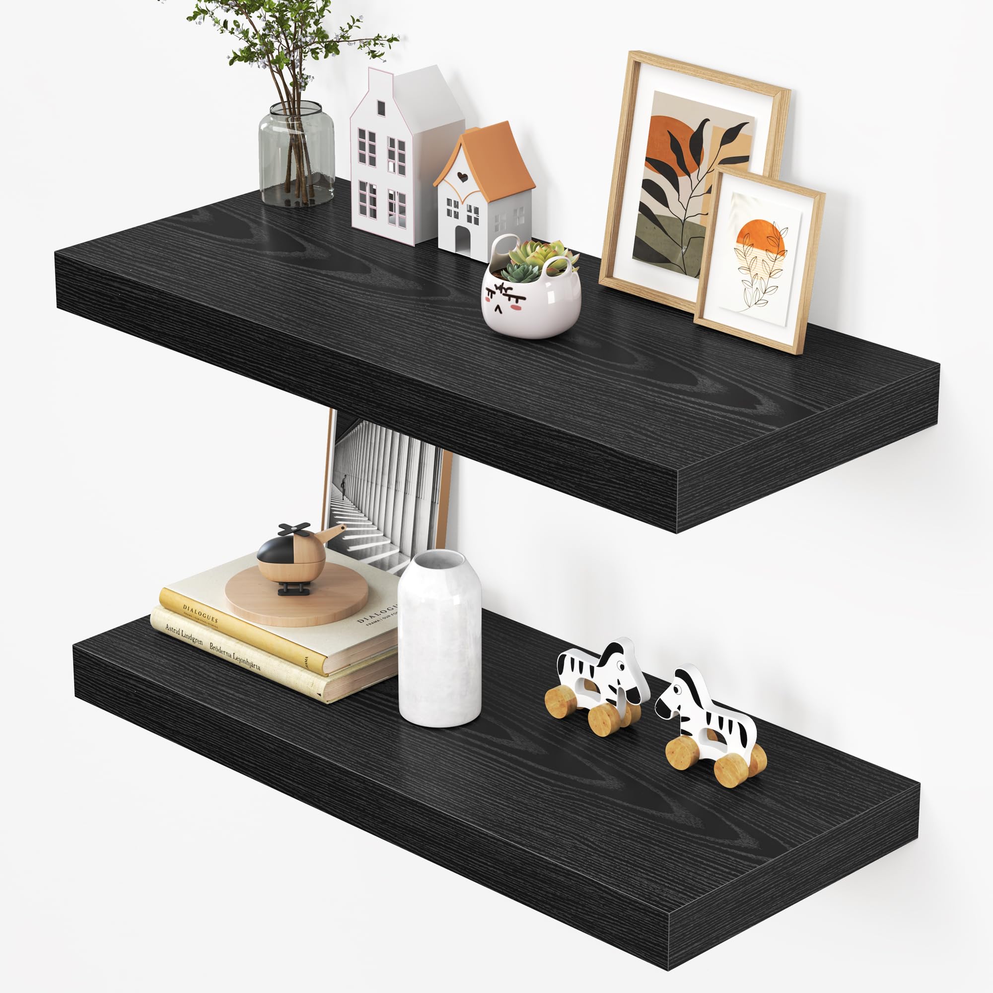 Dreamland 32" Floating Shelves for Wall, 12" Deep Thicker Black Floating Shelves, Wall-Mounted Shelves for Bedroom, Living Room, Kitchen, Bathroom - Set of 2