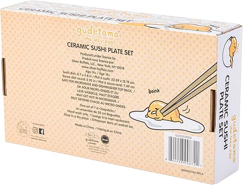 Miniatura 7 de Silver Buffalo Sanrio Gudetama Lazy Egg - Juego de sushi de cerámica con plato de salsa y palillos, color negro y blanco