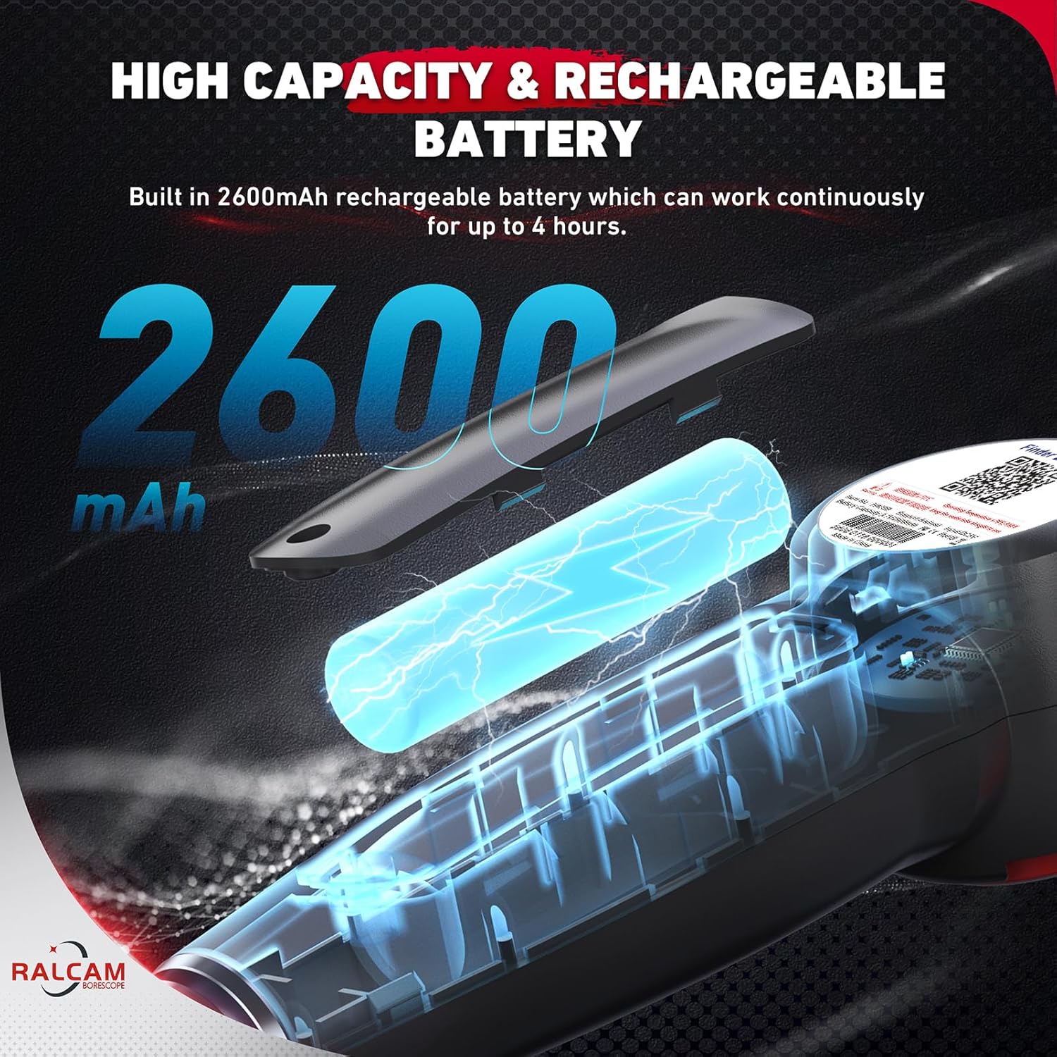 Diagram showing the internal 2600mAh rechargeable battery of the borescope
