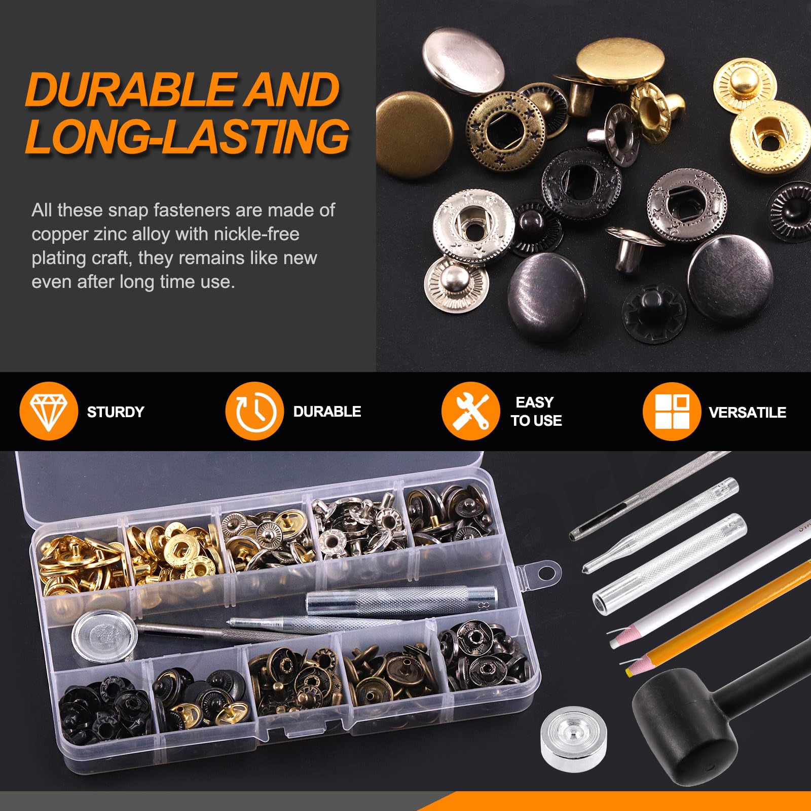 Swpeet 60 Sets 12.5mm Leather Snap Fasteners Kit With Hole Punch Pliers & Tools - Metal Snaps For Clothes, Jackets, Bags