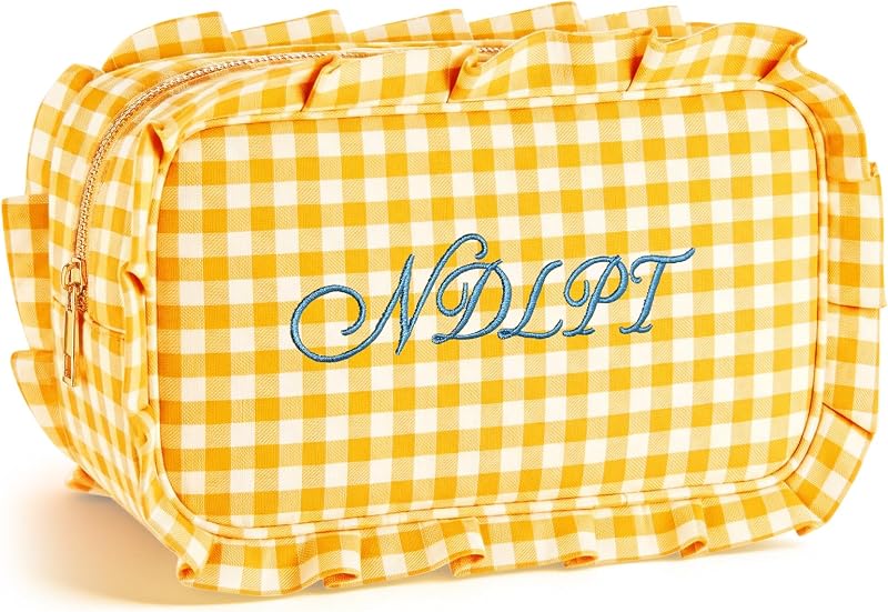 Necessaire Tallew amarela com babado, estampa xadrez e zíper – 1 unidade
