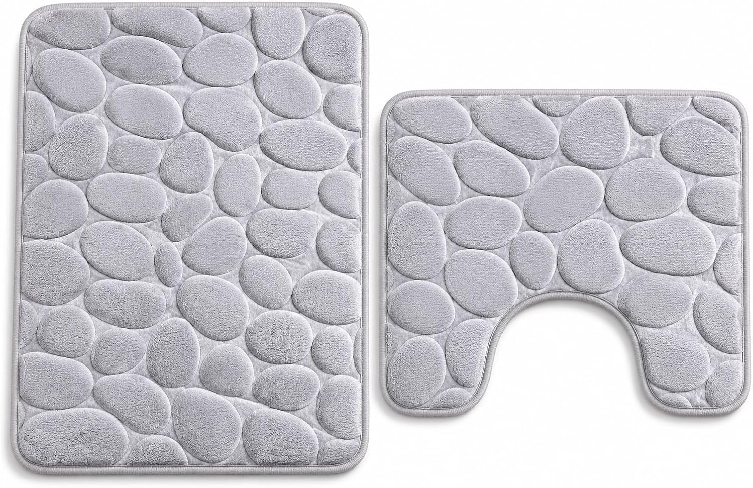 NIGHTZONE Pebble Stone Bath Mat Set Non Slip Pedestal Set Extra Absorbent 100% Memory Foam Bathroom Toilet Rug (Silver)