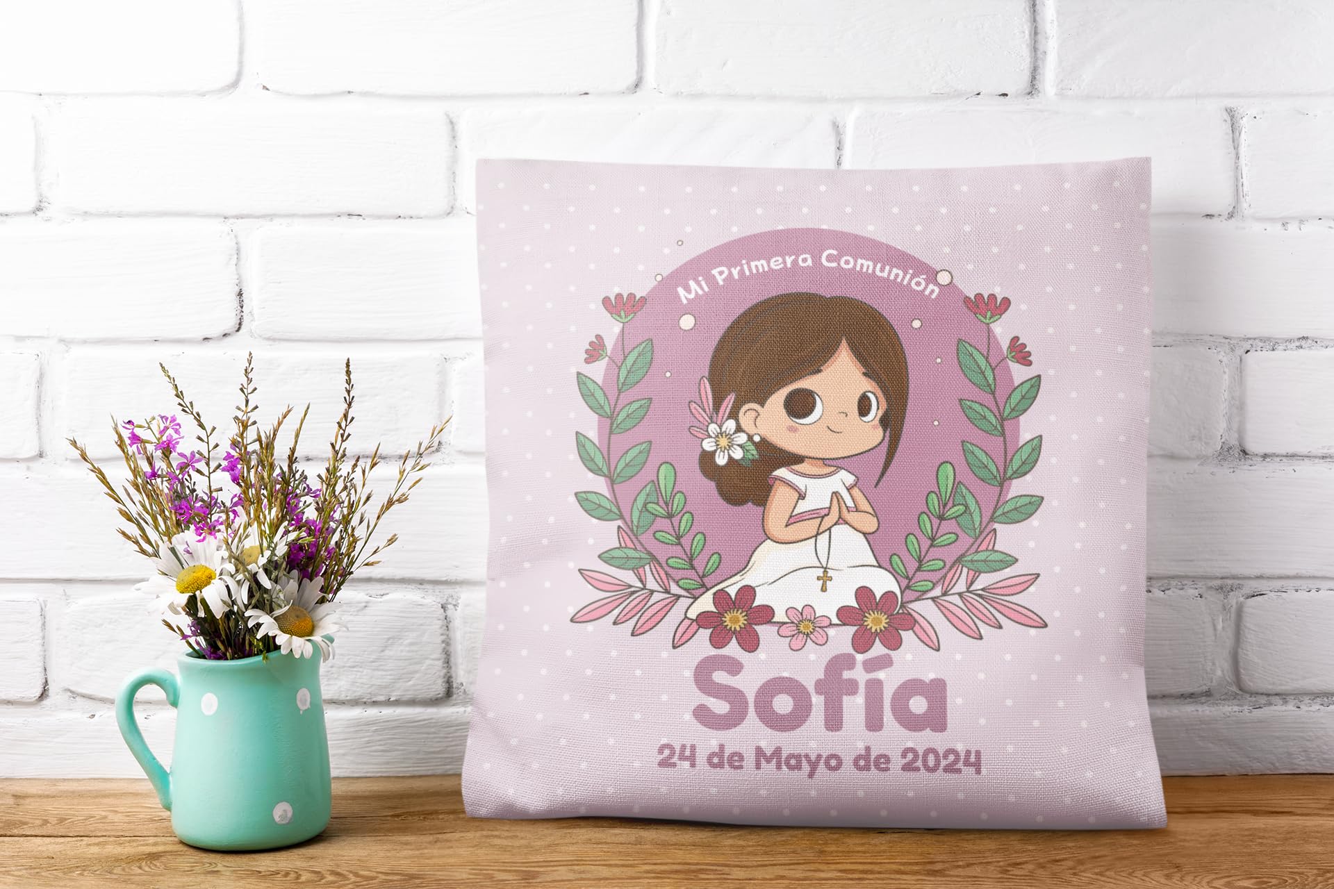 Cojín comunión niña/niño. Regalos comunión Personalizados con Nombre y Texto. Cojín Personalizado. Varios diseños. Opción de Pack. (Niña castaña)