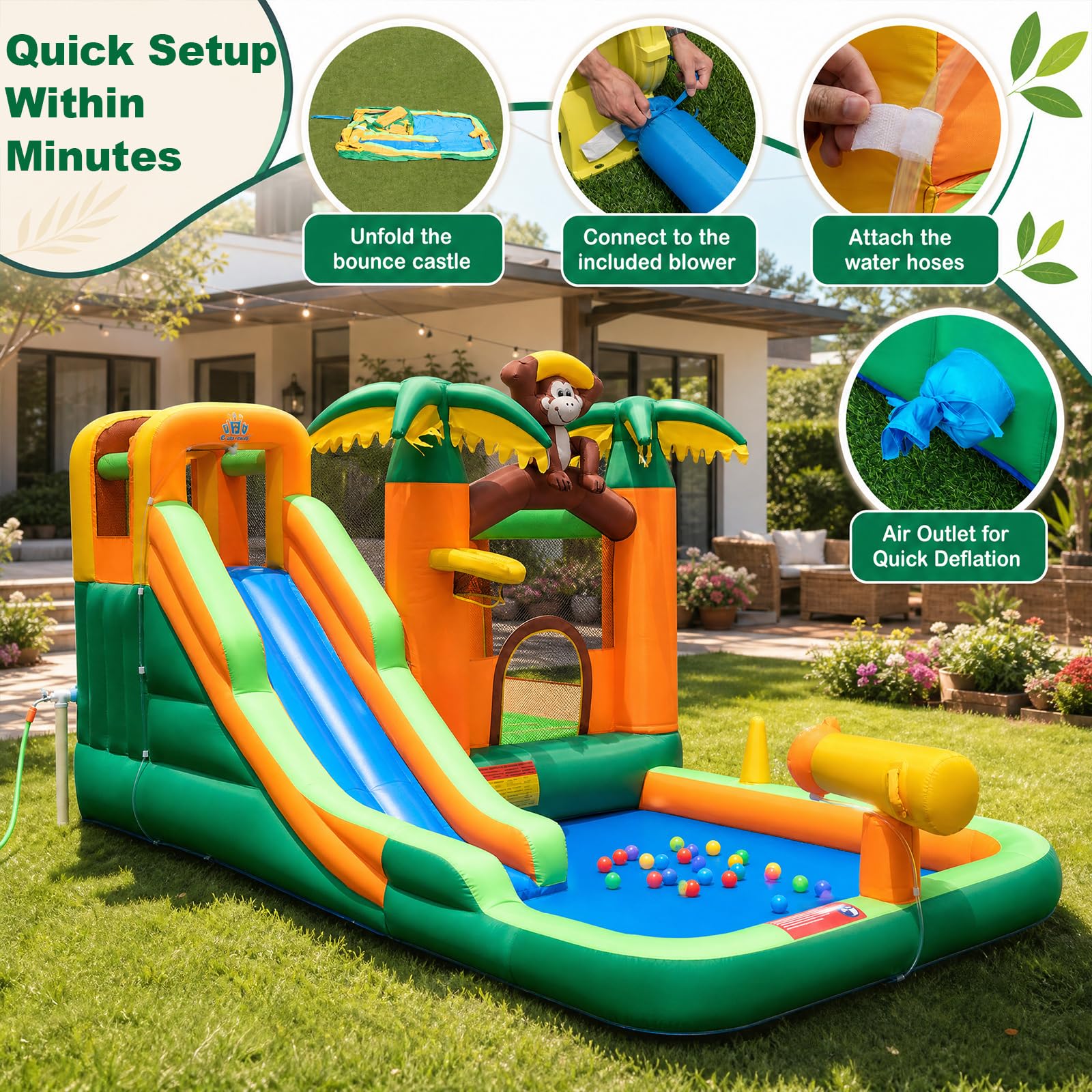 GOPLUS 7 en 1 Castillo Hinchable Mono Parque Infantil Inflable con Tobogán, para 1-3 Niños de 90 kg, 50 Bolas Oceánicas Mono, con Soplador de 680 W