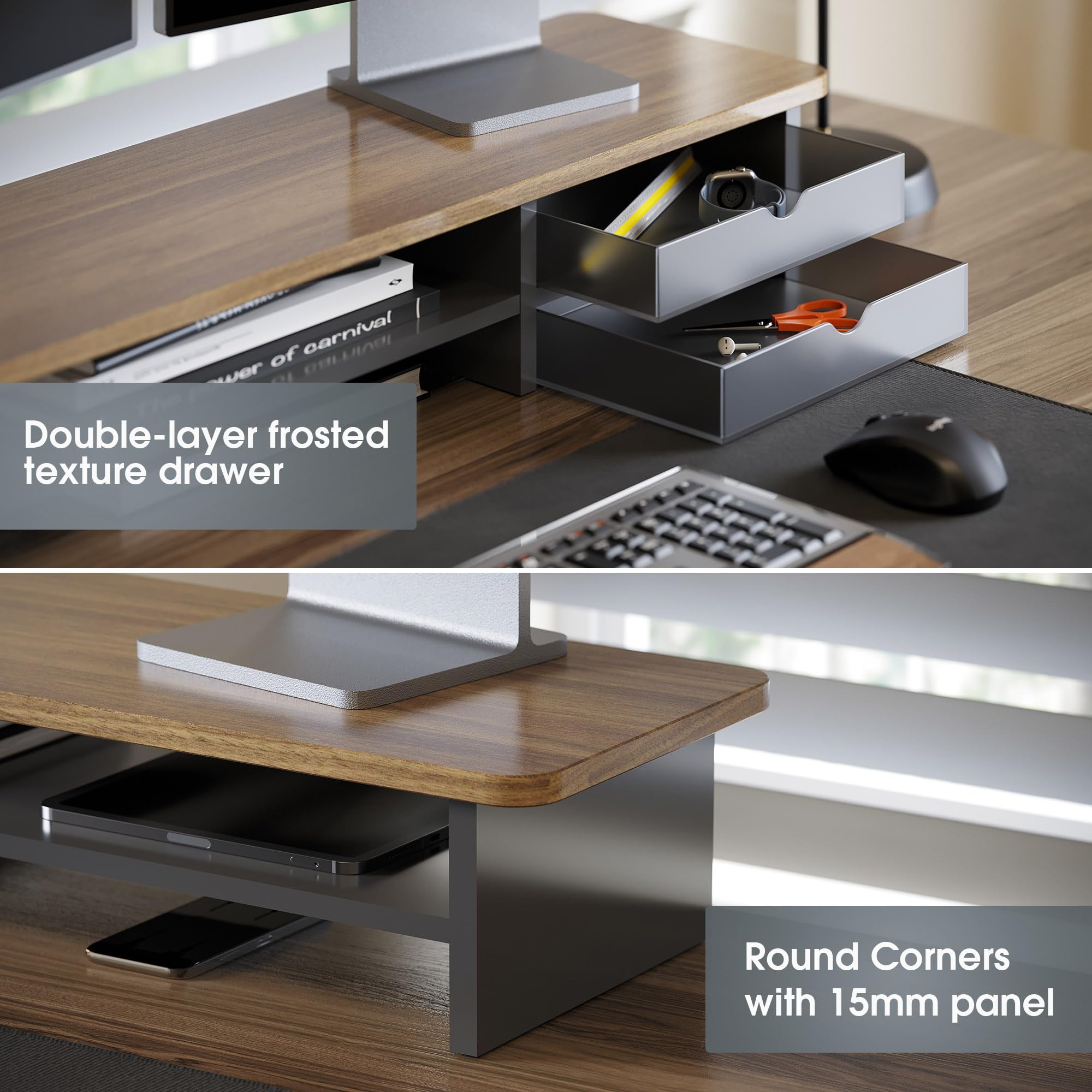 Fenge Supporto per Doppio Monitor con 2 Acrilico Cassetti, Supporto per Monitor in Legno per PC/Laptop/stampante 108x23,5x14cm (Marrone+Nero)