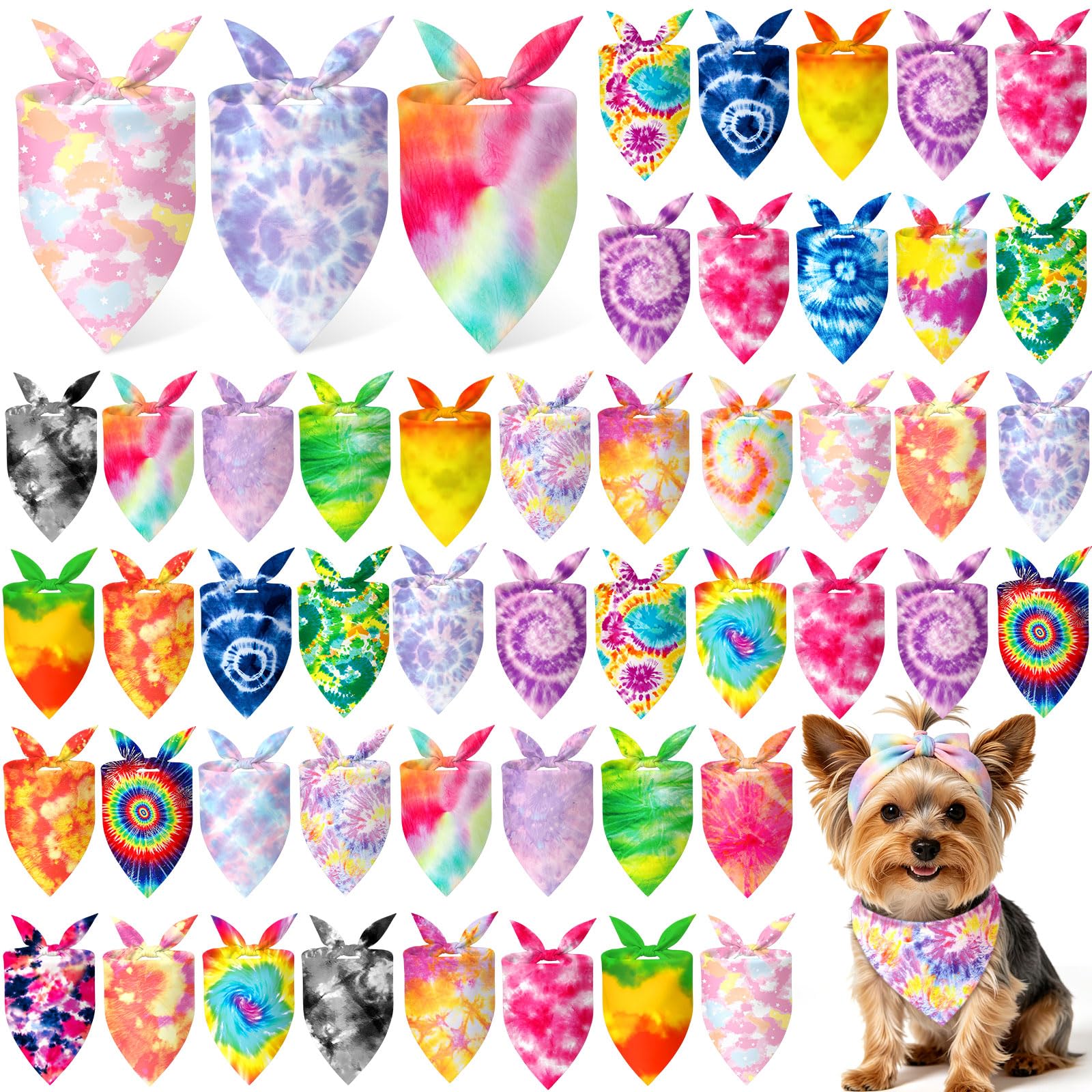 Abbylike 50 Pieces Tie Dye Dog Bandanas Bulk Colorful Hippie Pattern Dog Bandanas for Dogs Triangle Kerchief Scarf Bibs Set for Pets Summer Party Costume Accessories, 25 Styles (19.7 x 13.8 x 13.8)