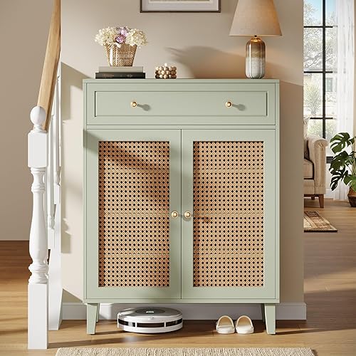 Miniatura 9 de Tribesigns Armario de zapatos con puertas y cajón, organizador de zapatos bohemio moderno de 6 niveles con estante ajustable, zapatero alto de ratán