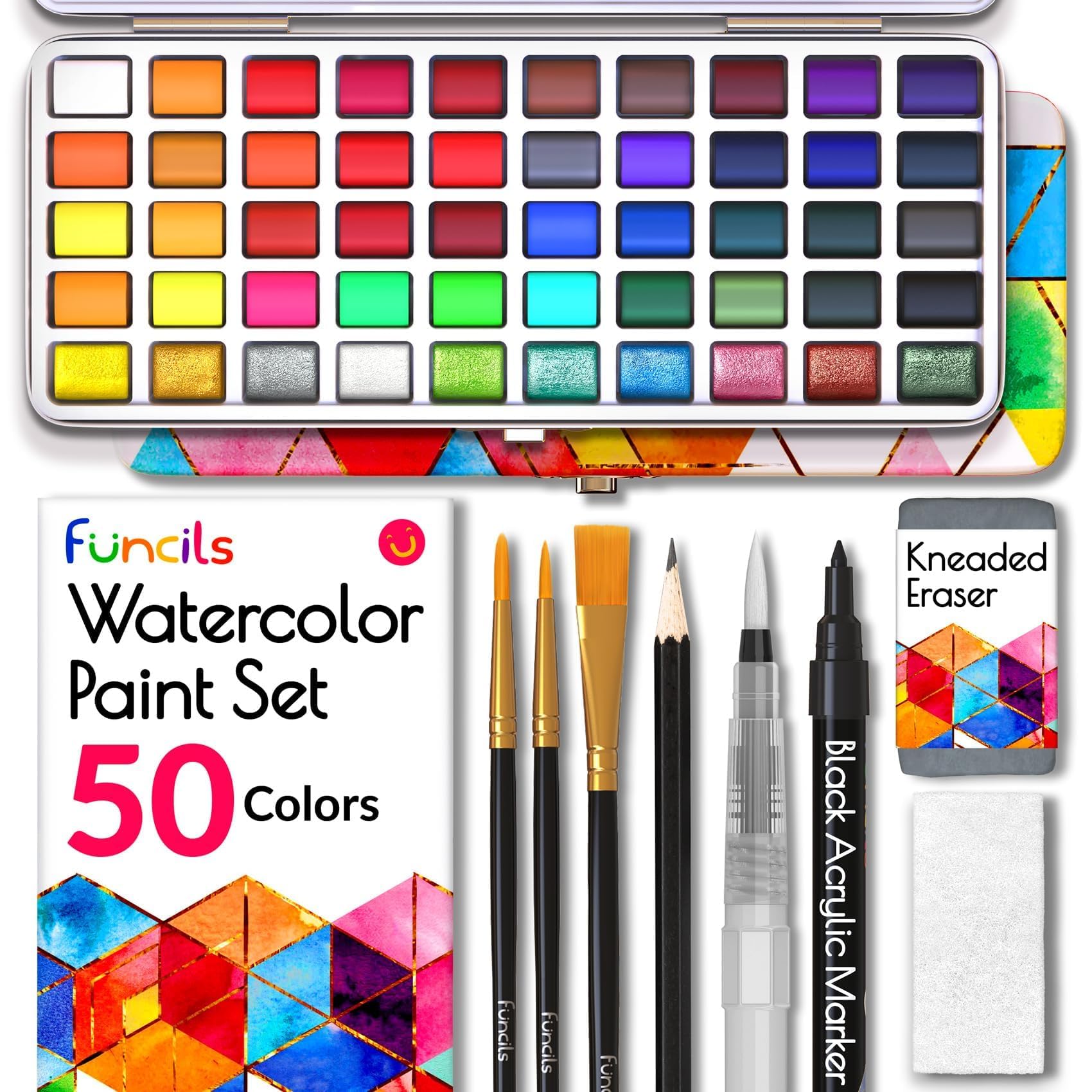 Funcils Set de Acuarelas Profesionales - 50 Kit de Acuarelas para Niños - Pintura de Acuarela Para Niños - Caja de Acuarelas Para Viaje - Versátil, Vibrante Y Portátil (50 Colores)