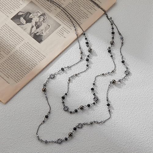 Miniatura 2 de Noessla Collares largos en capas para mujer, collar de cuentas negras y plateadas, vintage, joyería de disfraz de flores, regalos de cumpleaños para