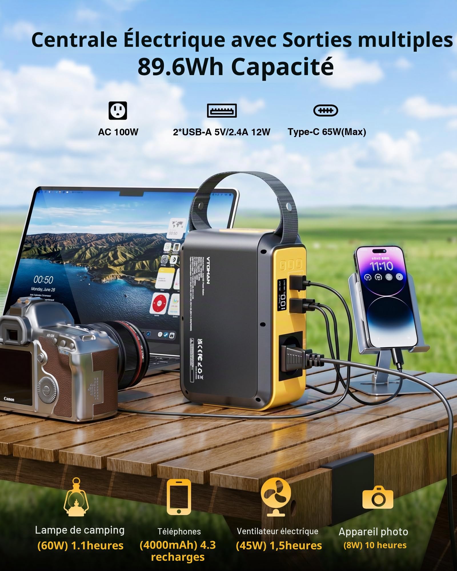 VTOMAN Jump 100 Station électrique avec VS40 Panneau Solaire, 89,6Wh LiFePO4, 100W CA charge PD 65W Cellules LiFePO4 sûres durables, charge multi-appareils, design compact, camping et secours