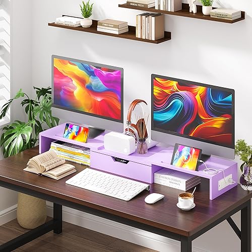 Miniatura 2 de Elephance Soporte de monitor doble con puertos USB, soporte de madera para monitor de computadora con cajón, soporte elevador de monitor ajustable,