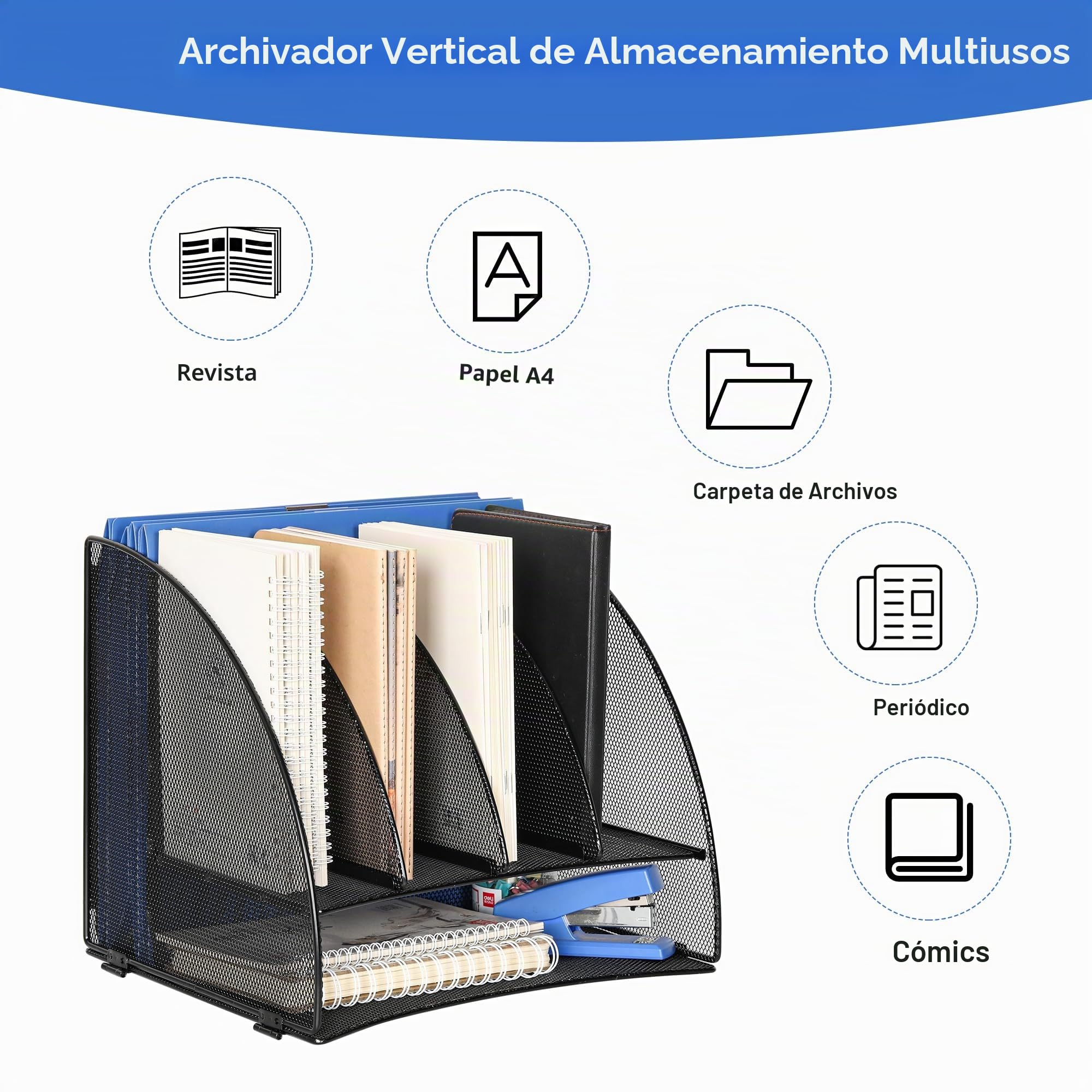 TQVAI Organizador Escritorio 6 Compartimentos Bandejas Oficina Papeles A4 Documentos Revistero Material Oficina y Papeleria Organizador, Negro