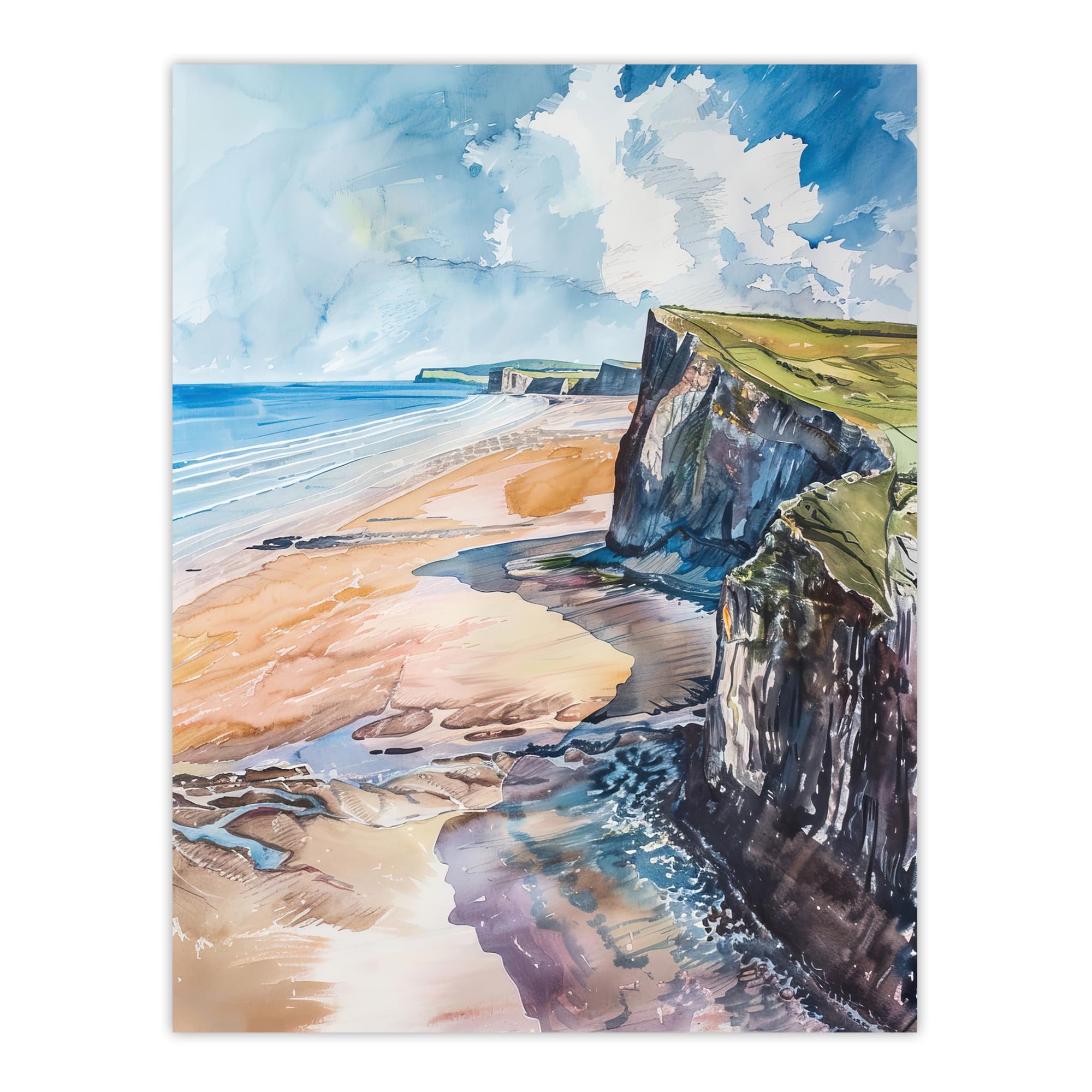 Artery8 Rhossili Bay Coastal Cliff Landscape Watercolour Wall Art Print - Blue - W24 inch x H32 inch