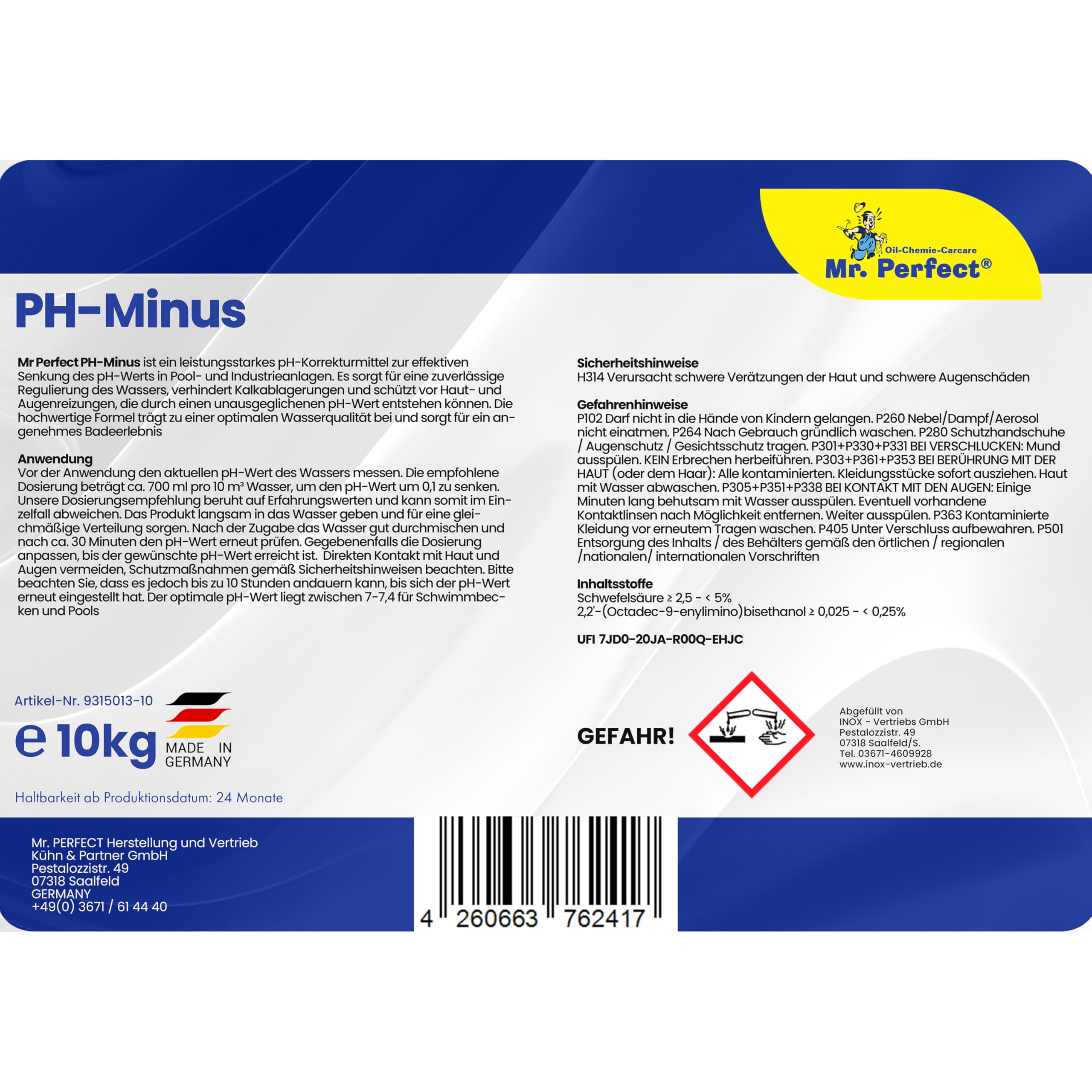 Mr. Perfect® - Professioneller pH Senker flüssig 10KG im Vorratskanister | Effektives Flüssiges pH Minus für Pools und Whirlpool | optimale pH Regulierung | Wasser Balance