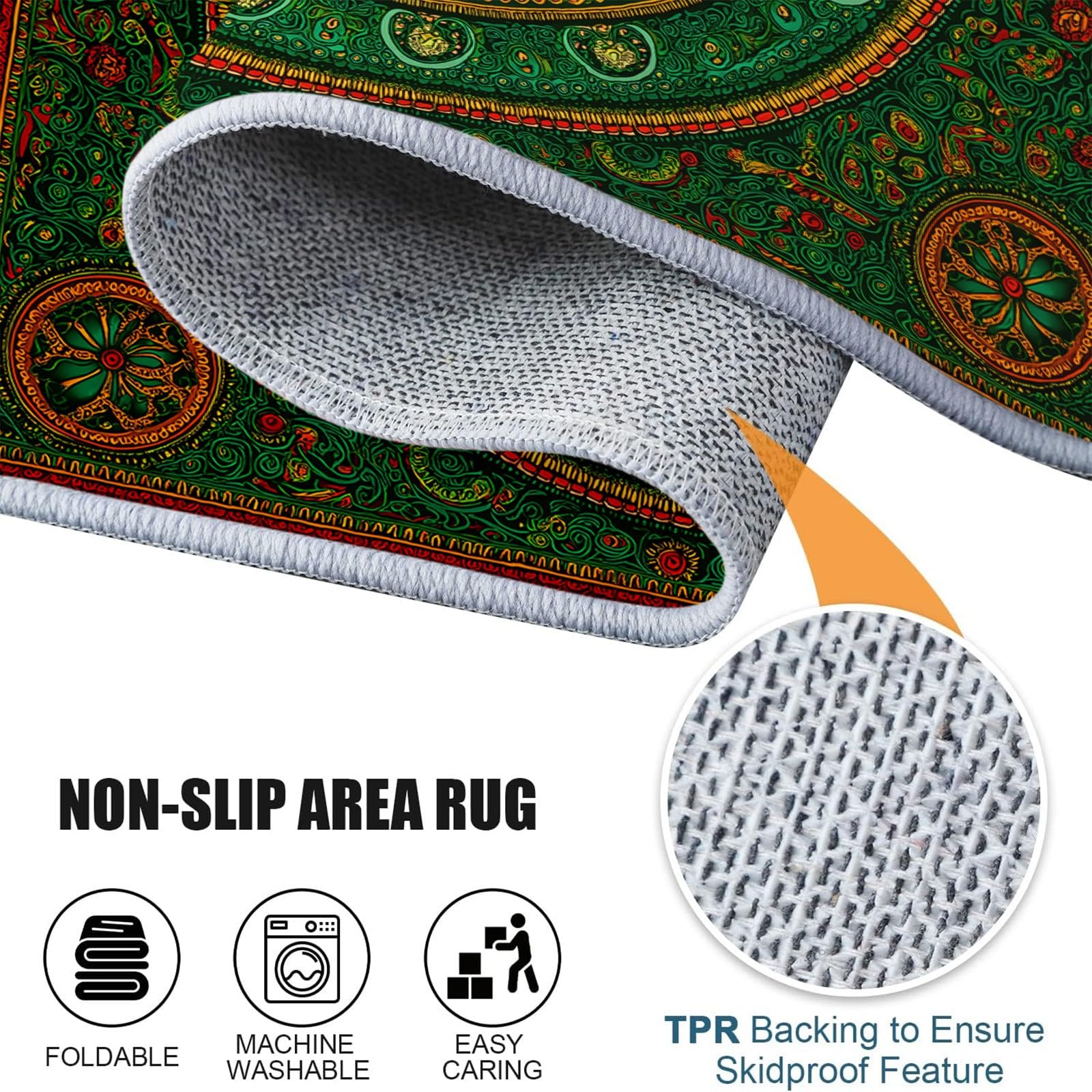 Waschbarer Rutschfester Runde Teppiche 220 cm, Paisley Muster Runder Teppich für Wohnzimmer Schlafzimmer Kinderzimmer - Retro Pflanzen Blumen Streifen Weicher Niedrigflor Teppich für Spielzimmer
