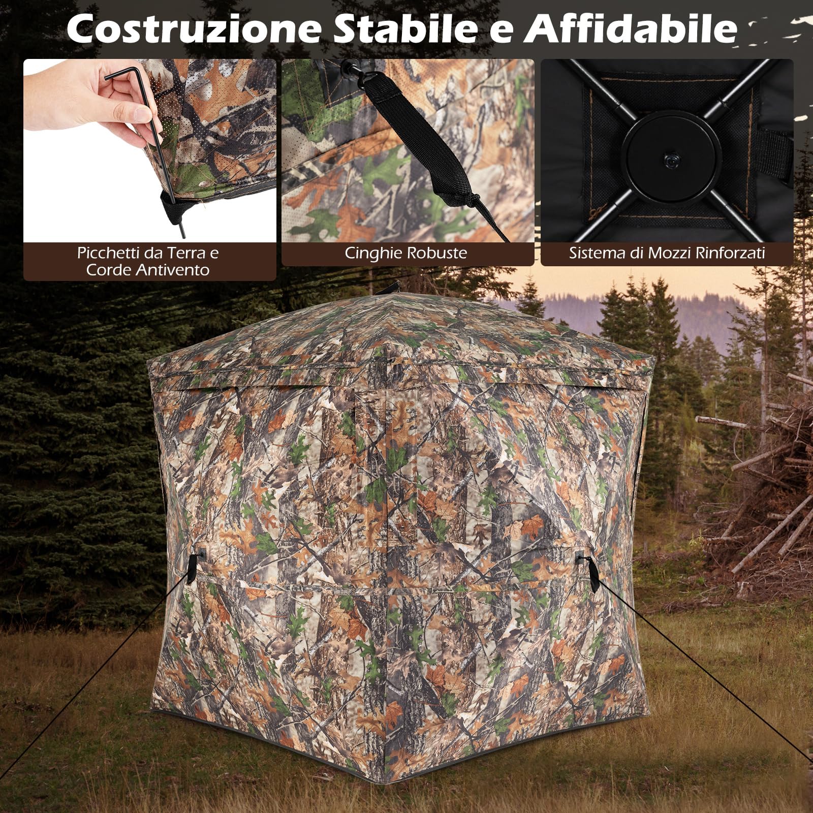 COSTWAY Tenda da Caccia per 2-3 Persone, Tenda Mimetica a 270° per Caccia, Tenda Pop-Up Camouflage con Porta Magnetica Silenziosa, 4 Finestre e Borsa da Trasporto, 146 x 146 x 170 cm