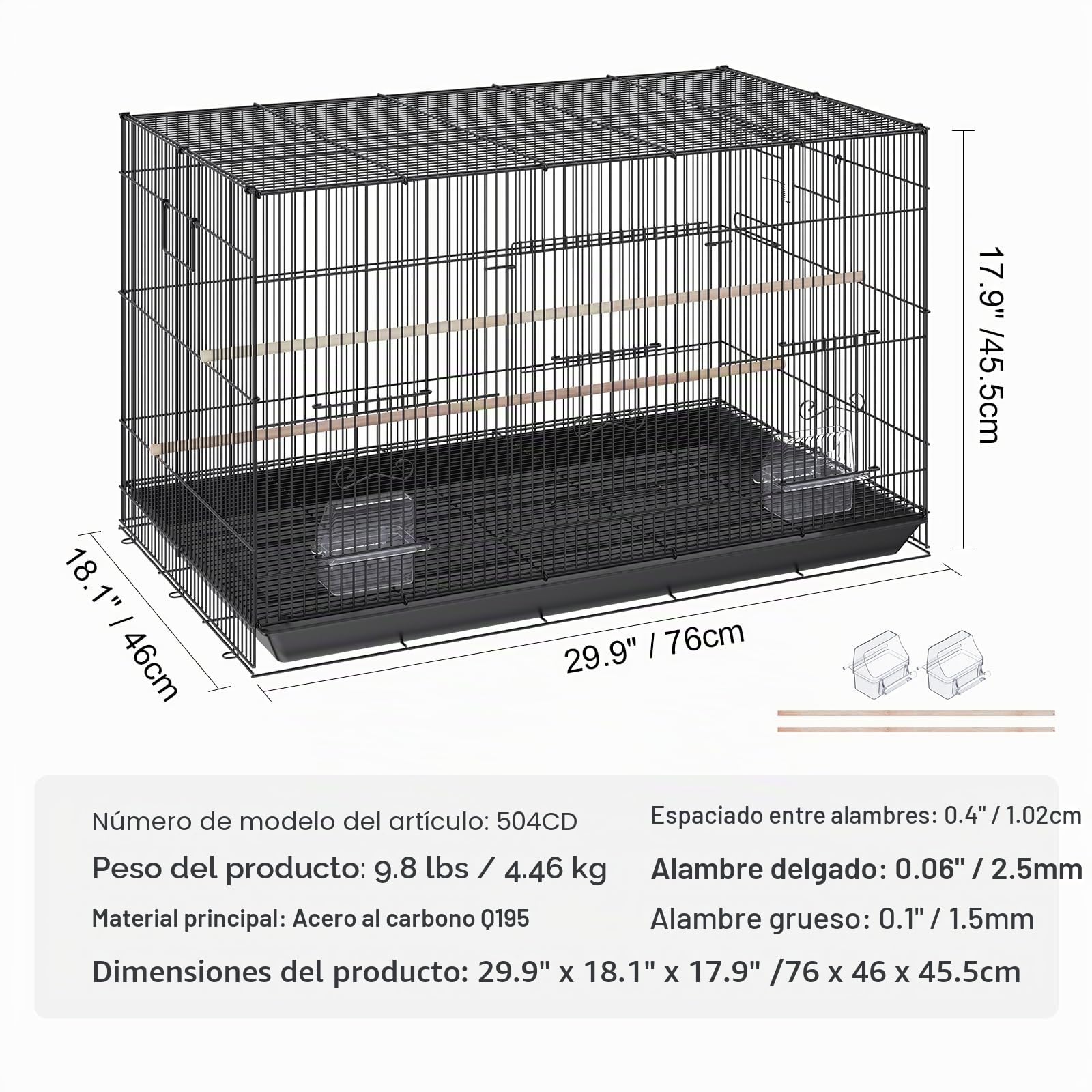 VEVOR Jaula de Vuelo para Pájaros 76 x 46 x 45,5 cm Jaula para Pájaros de Metal con Manija Lateral Puerta Segura Portátil Bandeja Desmontable Perchas Comederos para Pájaros Pequeños Cacatúas Loros