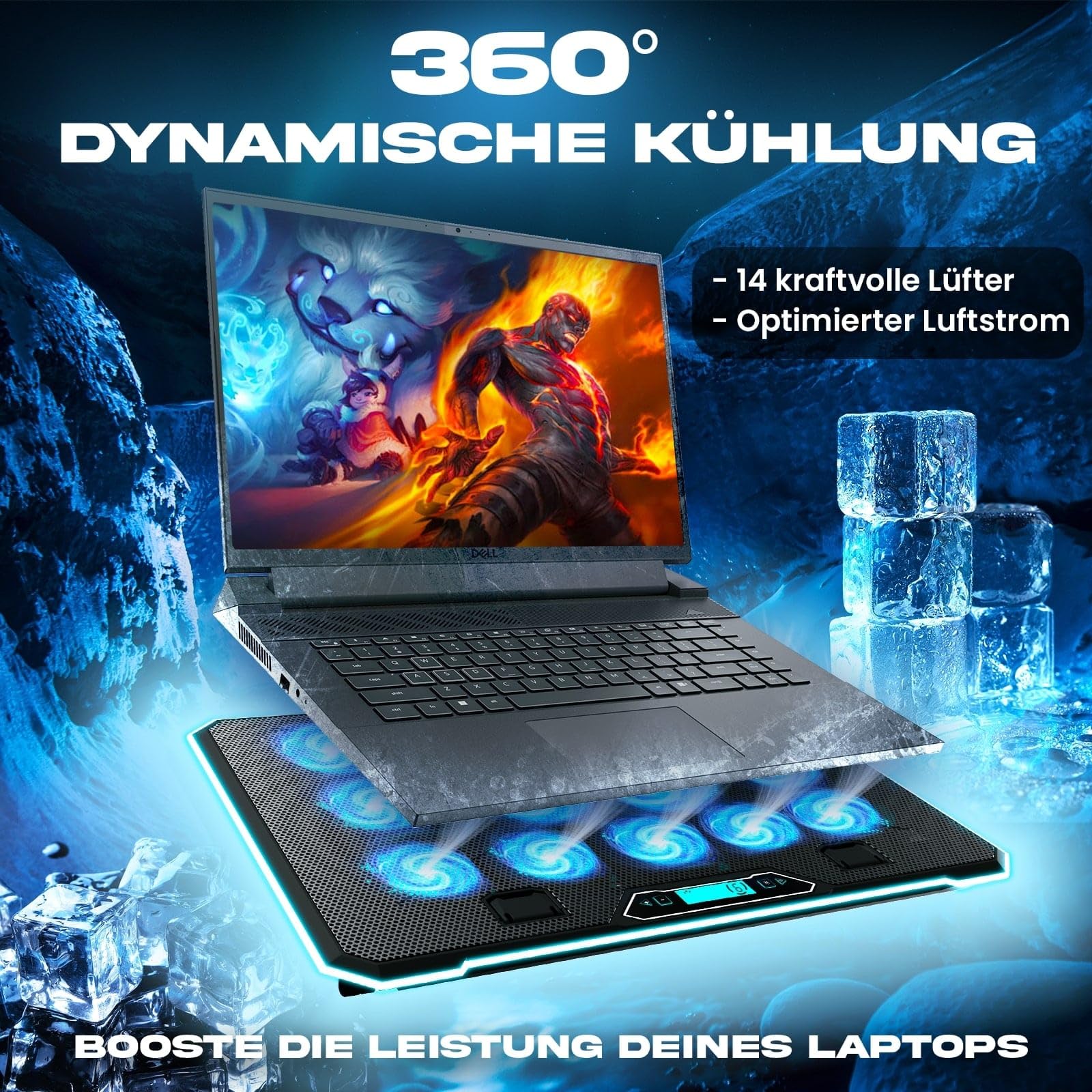 KLIM V14 Gaming Laptop Cooling Pad mit 14 Lüftern - Neu - Gaming Laptop Kühler - Stabiler RGB Notebook Ständer mit Lüfter - Kompatibel bis zu 17" - 2 USB Ports - Handyhalterung - 5 Jahre Schutz