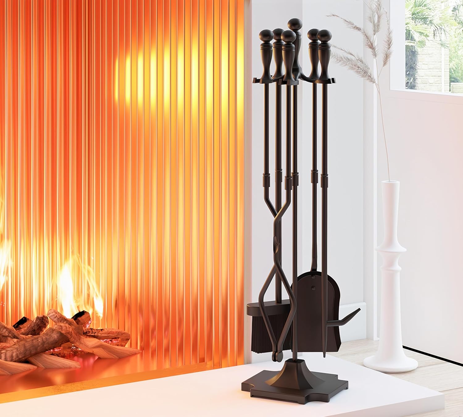 Kingson 5 Pcs Fireplace Tools Sets Heavy Duty Wrought Iron Large Fire Tool Set and Holder Outdoor Fireplace Tools Black