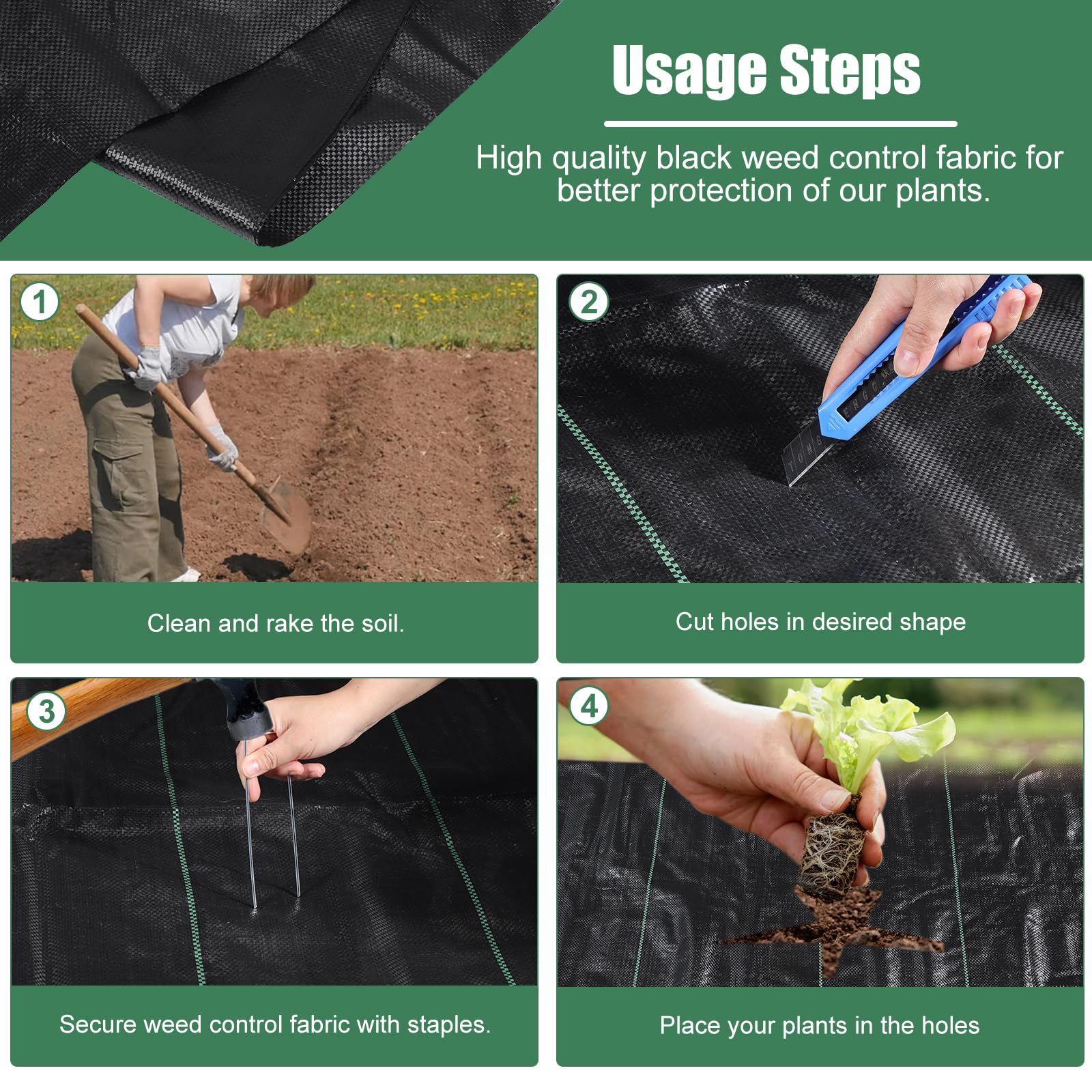 4 x 100FT Garden Weed Barrier Landscape Fabric Heavy Duty Weed Fabric Barrier Premium Garden Ground Cover Weed Control Mat with 30 U-Shaped Securing Pegs for Garden Farming Ground (4 x 50FT 2 Pack)