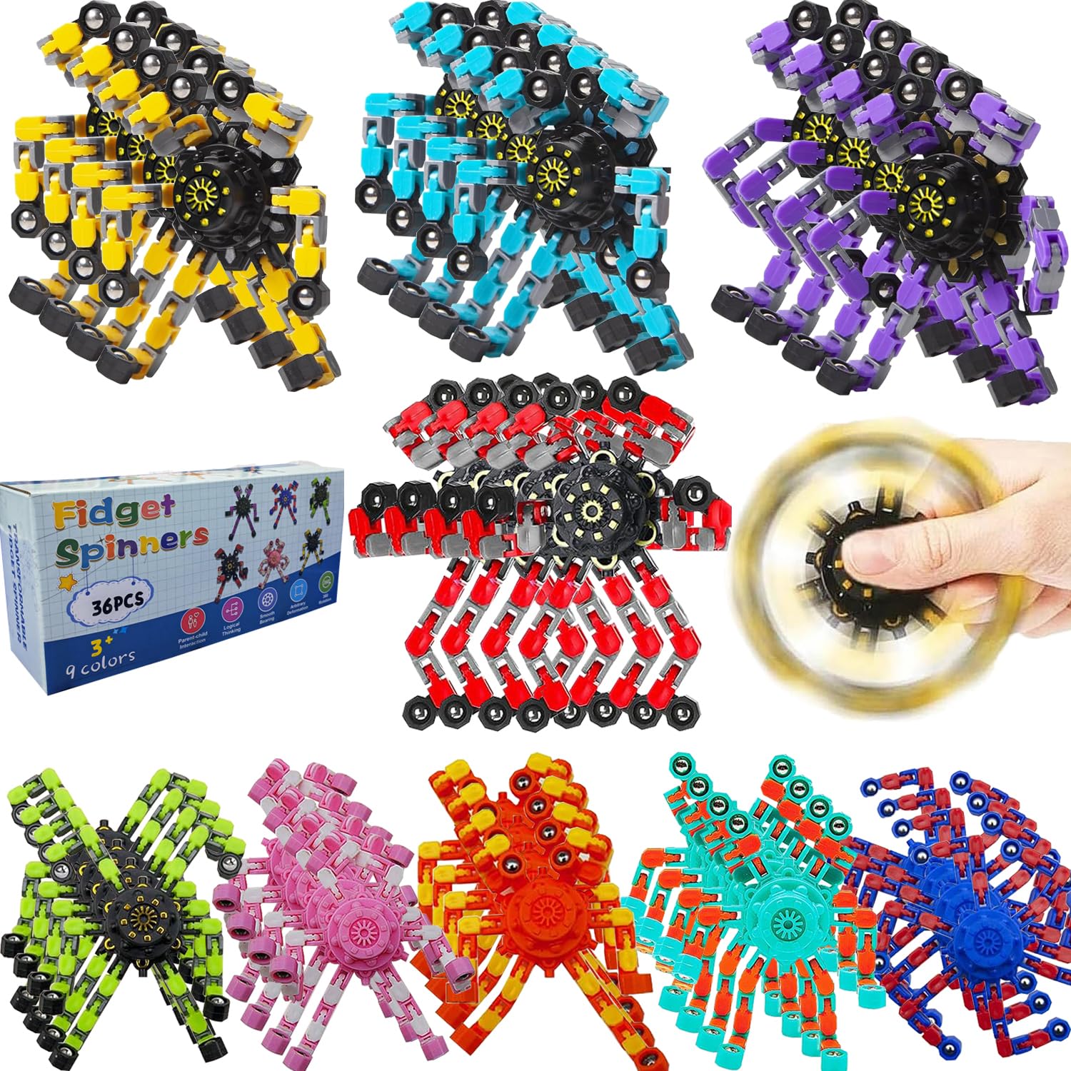 Transformable Fidget Spinners 36-Pack – Sensory Toys for Kids & Adults with ADHD, Autism, Anxiety Relief, Easter Gifts