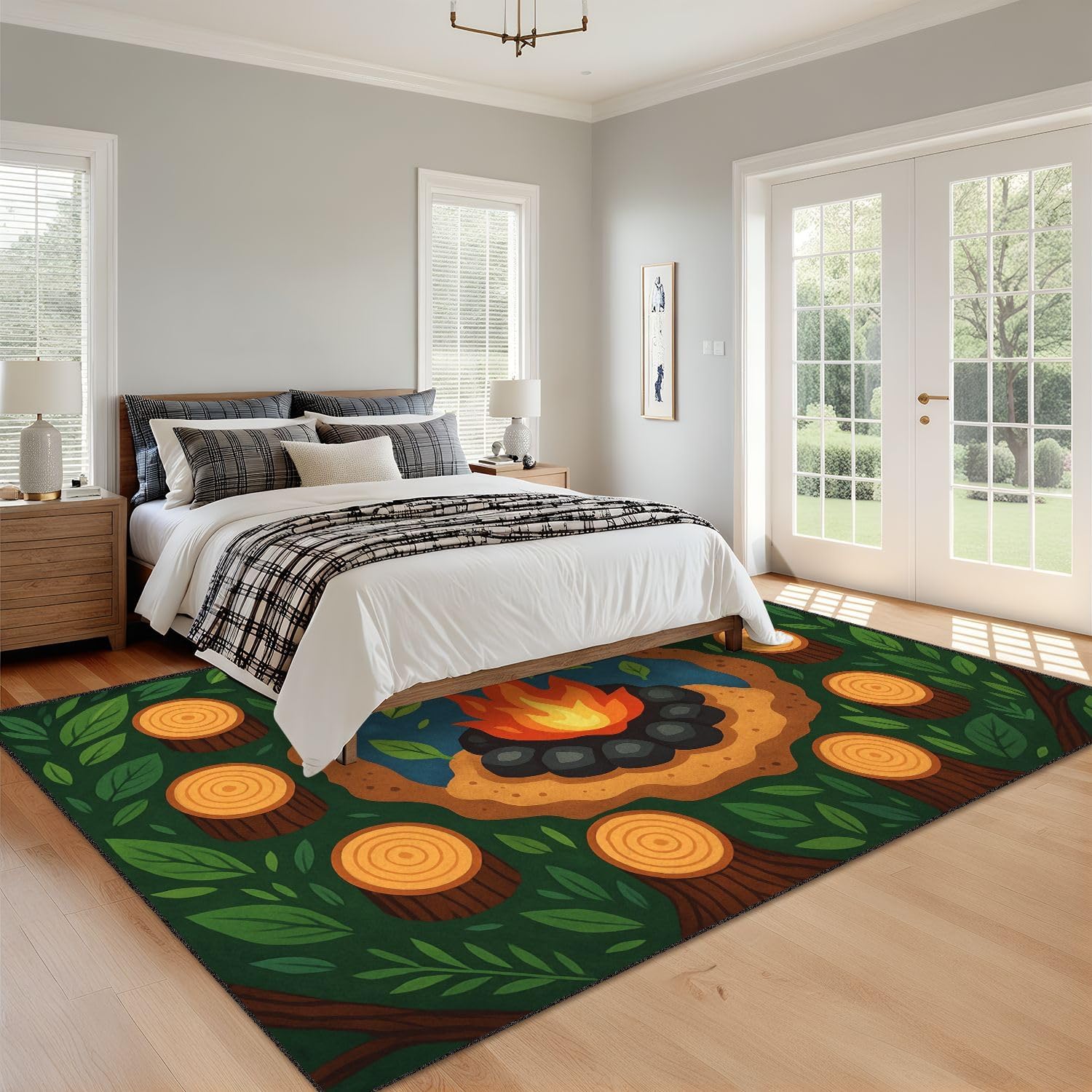 8x10 Area Rugs for Bedroom Boho Washable Rug for Living Room Campfire Classroom Seats Surrounded Logs Green Leaves Forest Setting Soft Rubber Backed Non-Slip Carpets for Woodland Nursery Room Decor