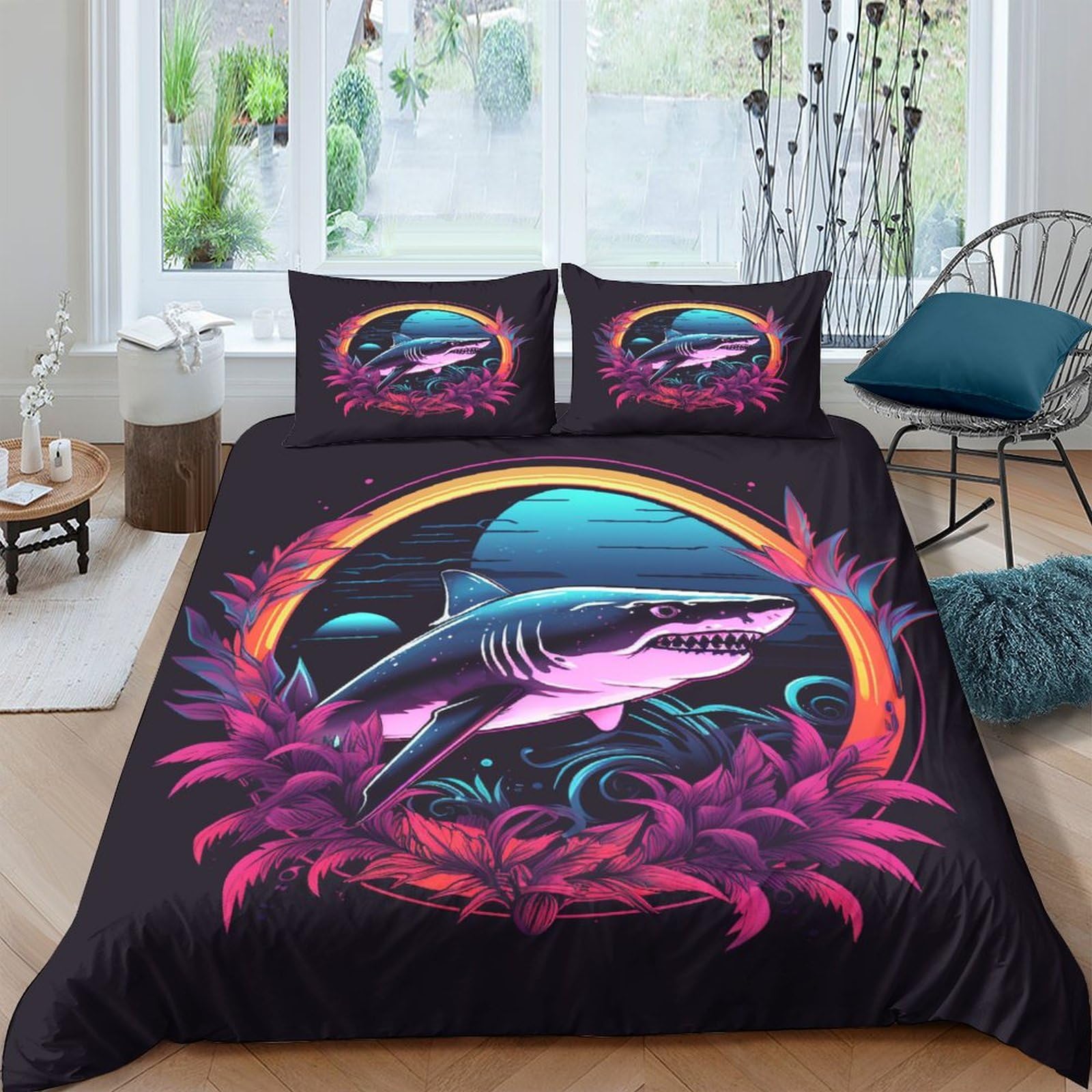 Housse de couette requin 3D parure de lit 3 pièces King 220x240 cm en microfibre