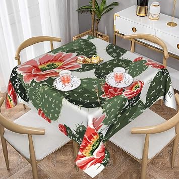 Landscape Cactus Flower Tablecloth Waterproof Wipeable Table Cloth Stain Resistant Polyester Square or Rectangular Table Cover for Dining Kitchen Picnic Outdoor Indoor 60 X 60Inch