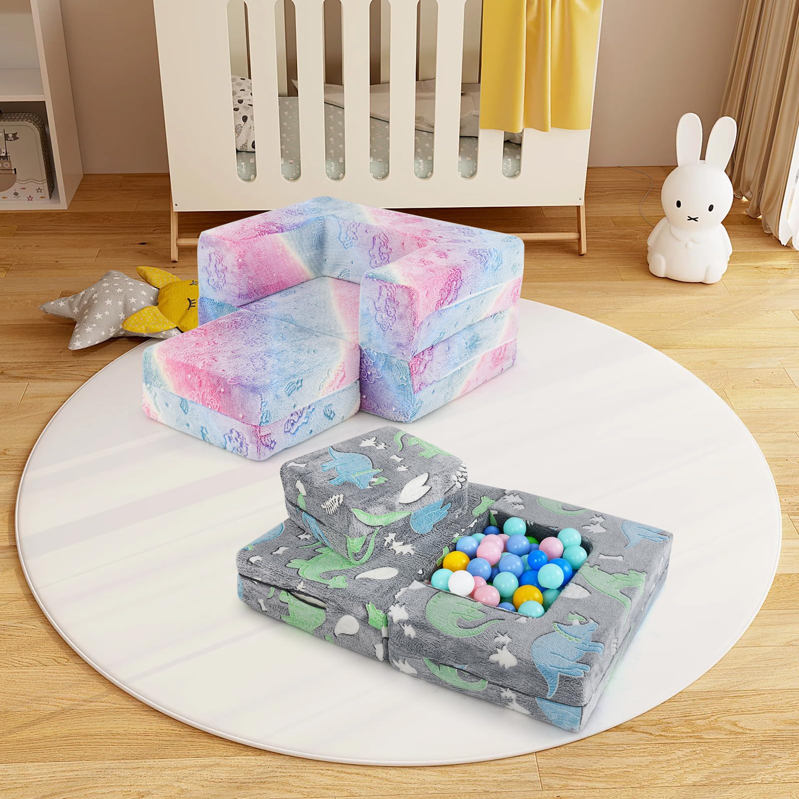 COSTWAY Modułowa sofa dla dzieci świecąca w ciemności, sofa modułowa ze zdejmowanym i nadającym się do prania w pralce flanelowym pokrowcem, sofa dla malucha do pokoju zabaw i pokoju dziecięcego