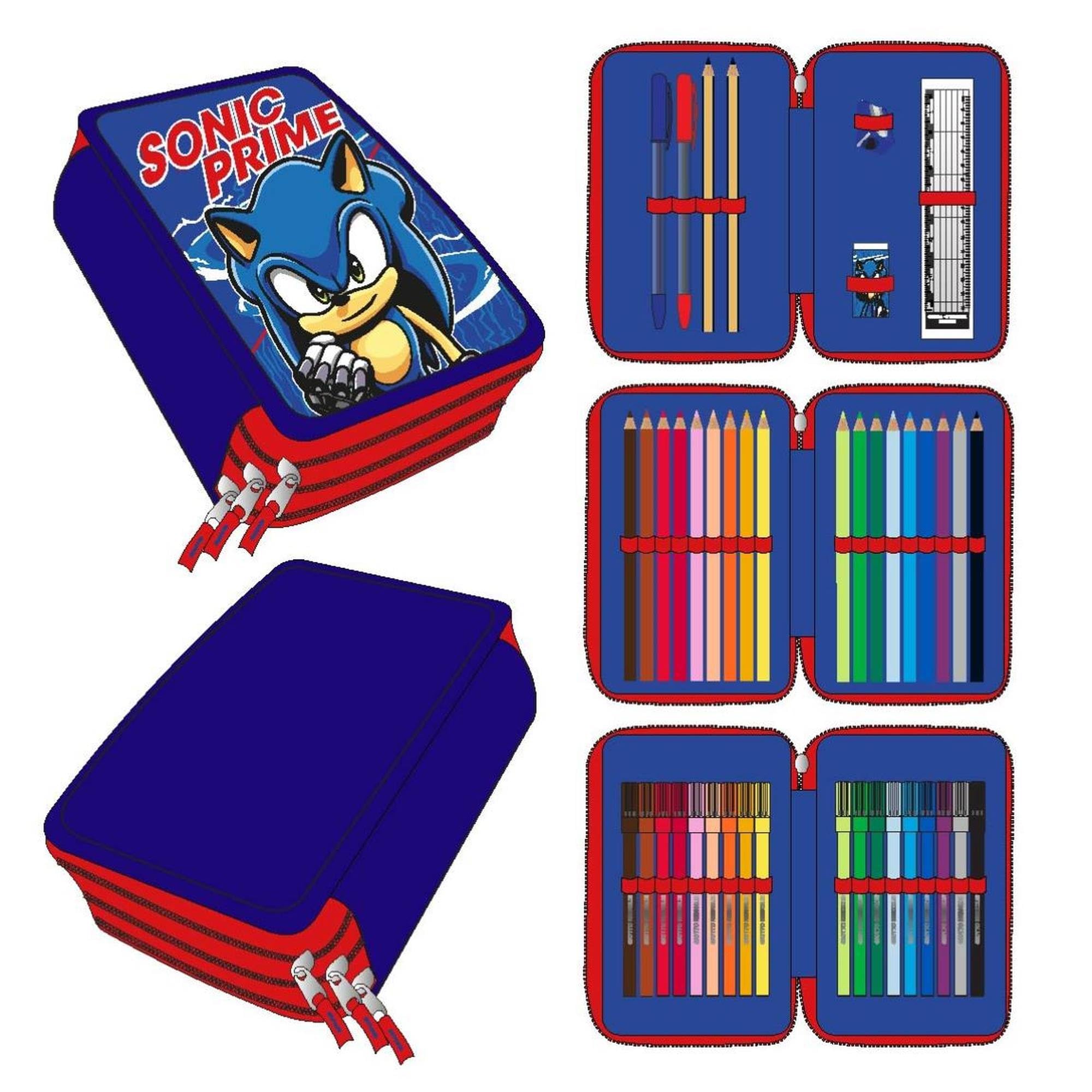 Trousse à 3 compartiments de Sonic - Couleur bleue - 12,5 x 6,5 x 19,5 cm - Fabriquée en 100 % polyester - Fermeture éclair - Avec accessoires-Trousse