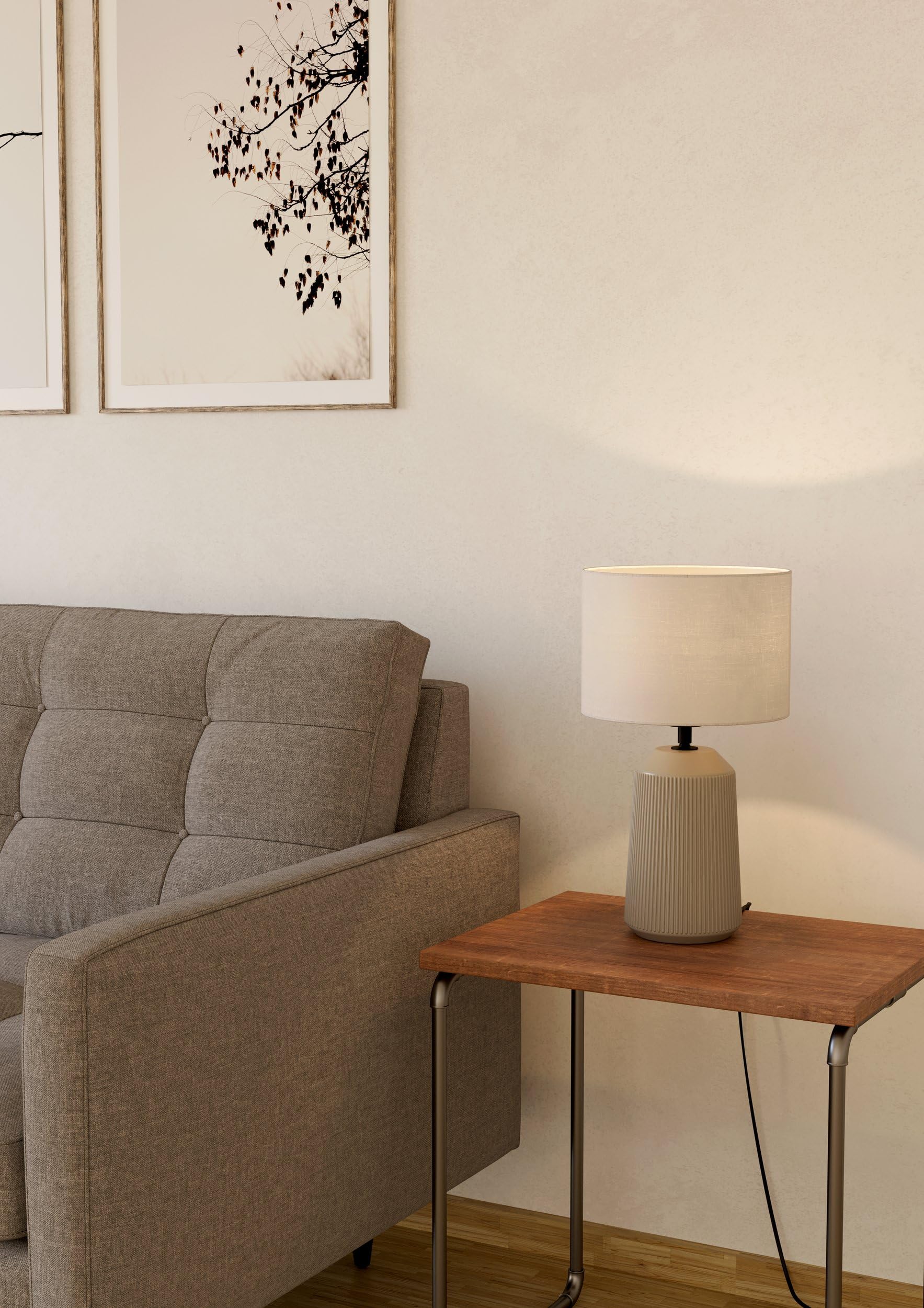 Eglo lampada da tavolo Capalbio, lampada da comodino con paralume in | tessuto, ceramica color sabbia e tessuto bianco, lampada da tavolo per il soggiorno e la camera da letto, attacco E27