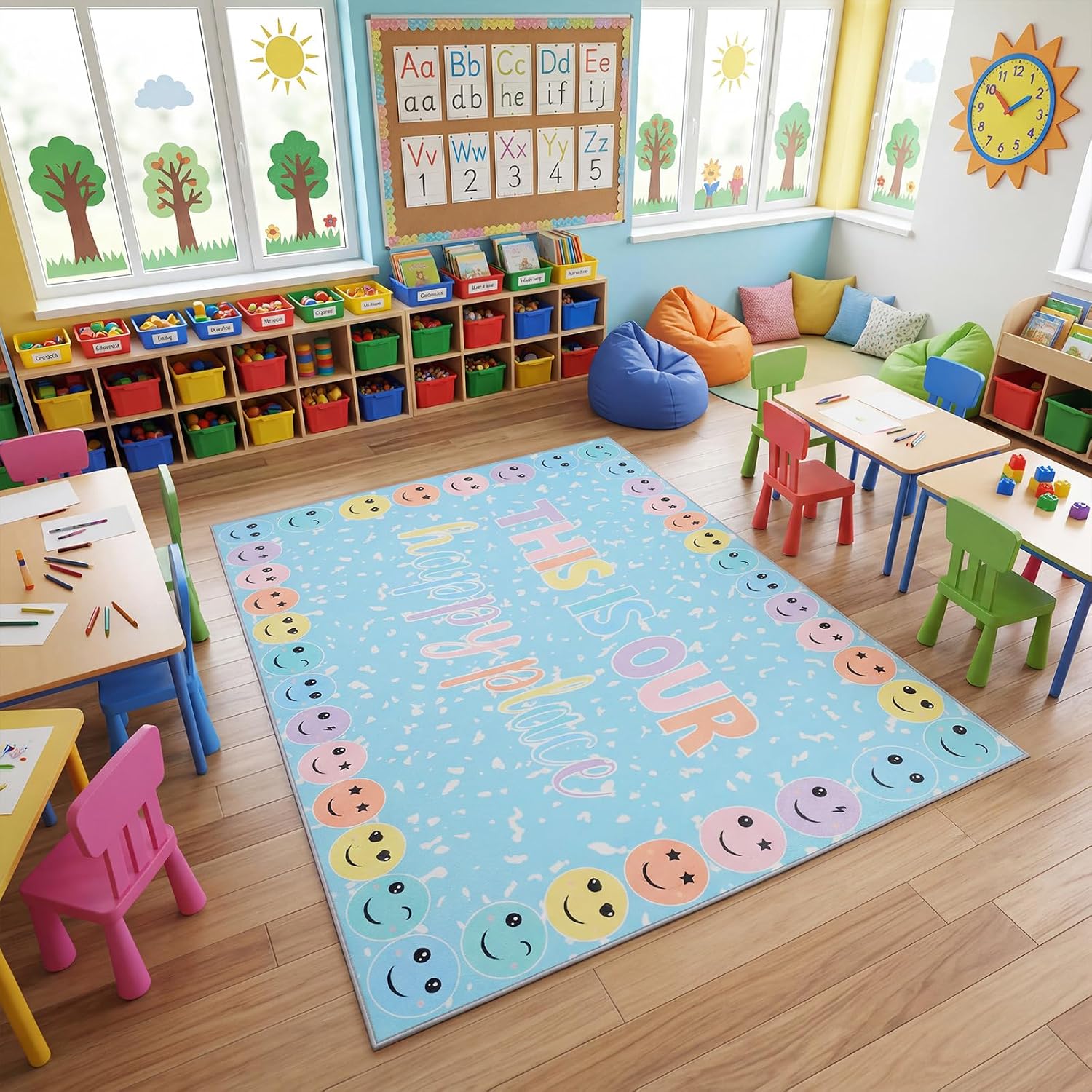 Nuanchu 5' X 7'6" Pastel Laugh Face Classroom Rug This is Our Happy Place on Composition Notebook Educational Area Rug for Classroom Decoration, Play Carpet for Teaching and Playroom (Vibrant)