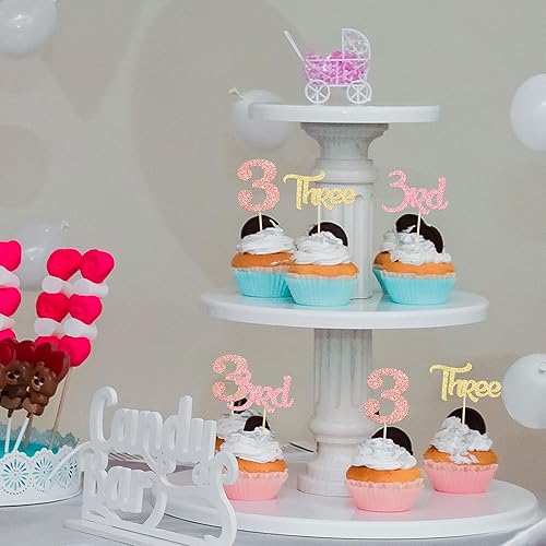 Miniatura 6 de Paquete de 24 adornos para cupcakes de tercer cumpleaños con purpurina para tercer cumpleaños para baby shower, 3er cumpleaños, aniversario, fiesta,