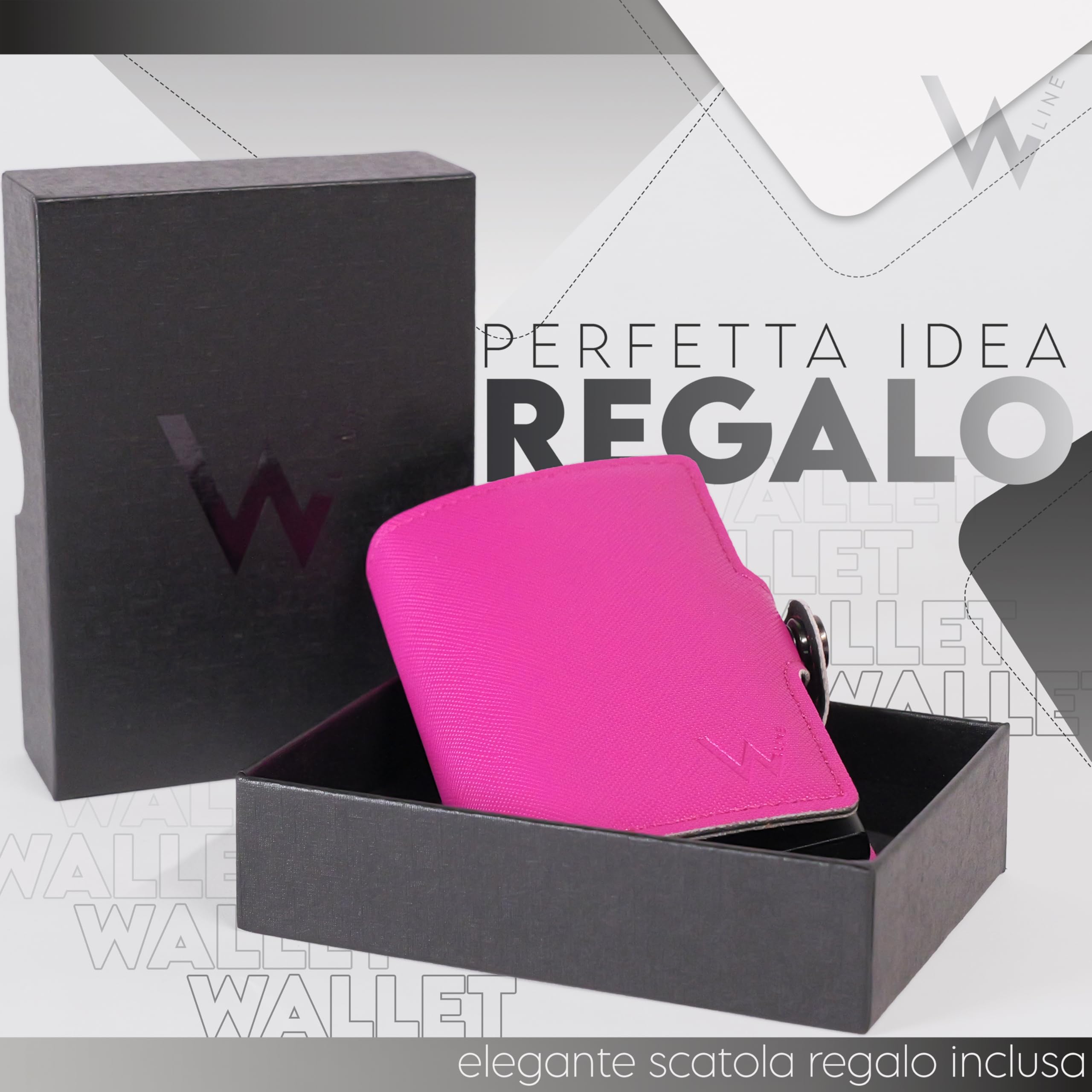 WLine Portafoglio Donna Piccolo con Portamonete Rfid Compatto ed Elegante - Porta Carte di Credito Donna e Uomo Schermato in Pelle PU - Portatessere Tascabile (Fucsia e Nero Saffiano, Con Zip)