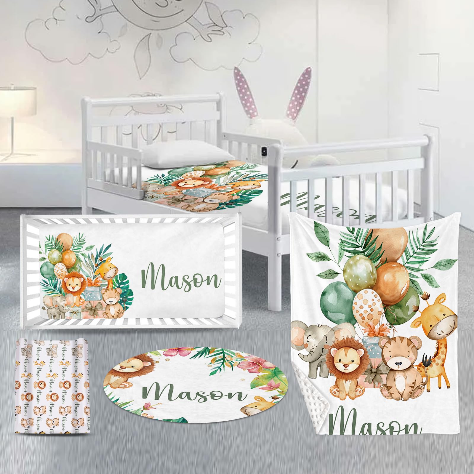 Personalized Baby Crib Bedding Set Lion Giraffe Pattern Custom Name Nursery Bed Set 4 Piece - Soft Blanket
