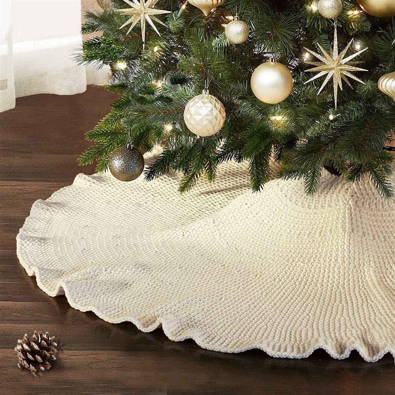 Ozdobna osłona podstawy choinki Dzianinowa, rustykalna spódnica choinkowa na ozdoby do domu i na przyjęcia świąteczne(White,48inch)