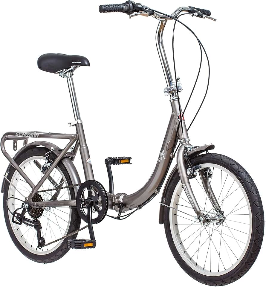 Schwinn Bicicleta dobrável, preta, titânio ou branca, bicicleta de 50 cm para adultos e crianças, 7 velocidades, estrutura dobrável de alumínio leve, suporte traseiro integrado, freios lineares