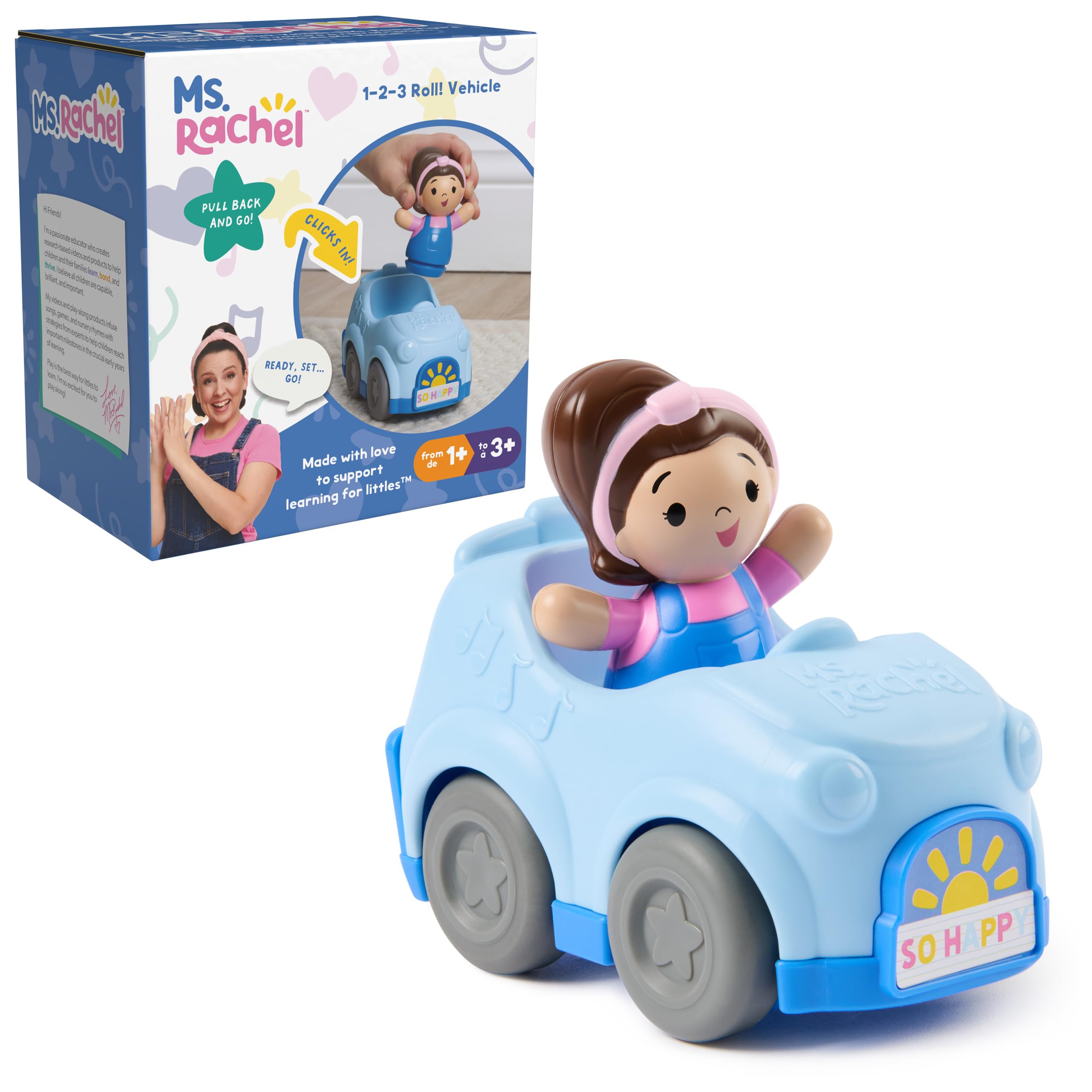 Ms Rachel 1-2-3 Roll Vehicle with Click-in Figure Pull Back Action Educational Toys Toddler Toys for Girls Boys