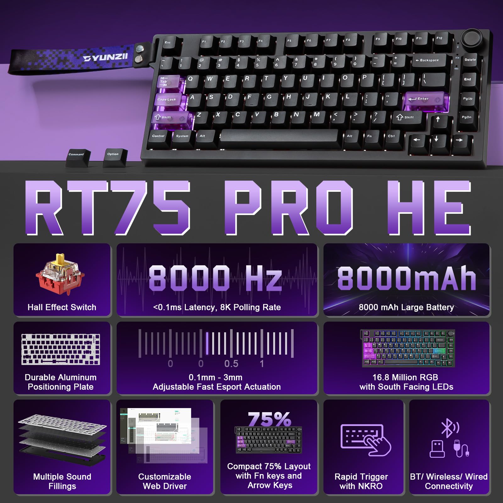 YUNZII RT75 PRO Tastiera Gaming Meccanica, Switch Hall Effect, Rapid Trigger, Bluetooth/USB-C/2.4G, 8KHz, Pulsante Regolabile, RGB, 75% Compatta, 8000mAh, TGL/SOCD/DKS/MT (Nero)