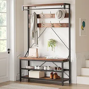 IDEALHOUSE Coat Rack Shoe Bench Industrial Hall Tree Storage Bench for Entryway, Wood Look Accent Large Shoe Rack with Storage Shelf Hanging Bar,8 Hooks Rustic Brown 39.9"x15.7"x72"