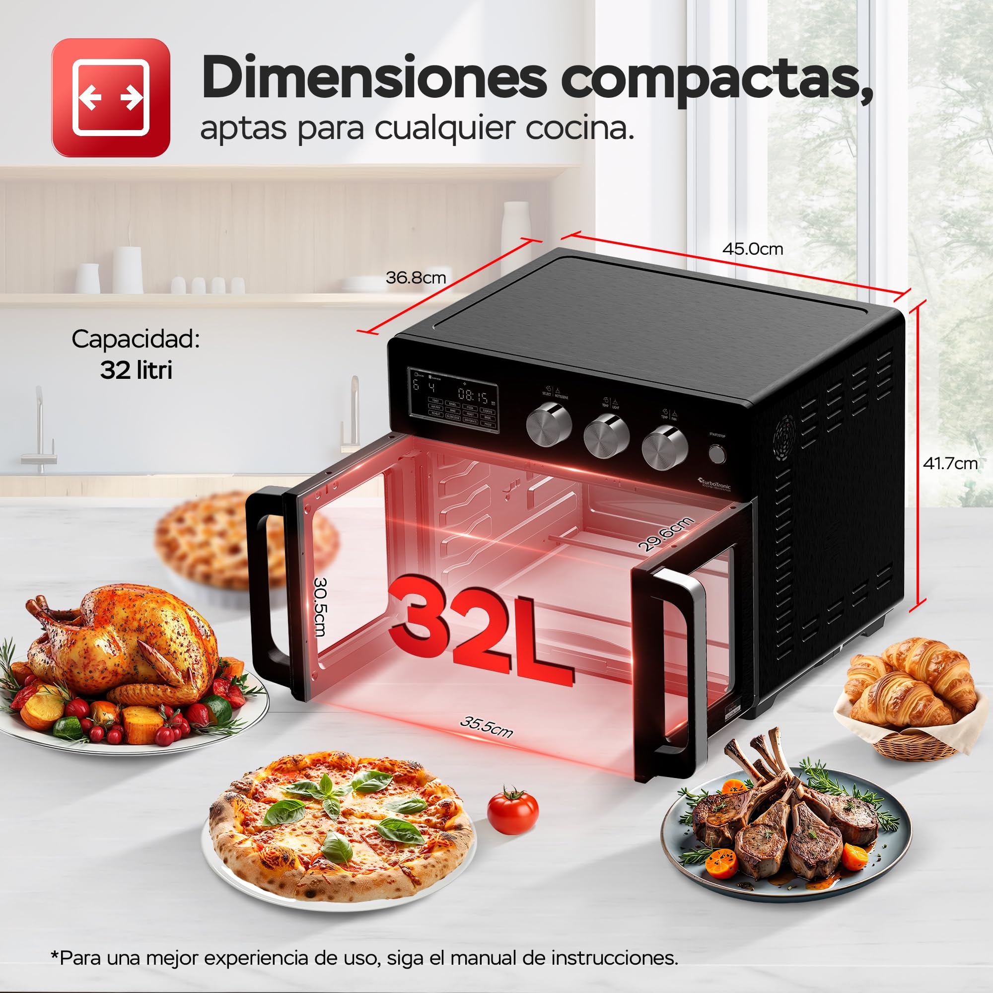 TurboTronic Mini Backofen - 4in1 Heißluftofen und Heißluftfritteuse XXL Version 32L inkl. Drehspieß & viel Zubehör, Dörrgerät ab 25°C & Grill, Airfryer, kleine Mini Tisch Back Pizzaofen (schwarz)