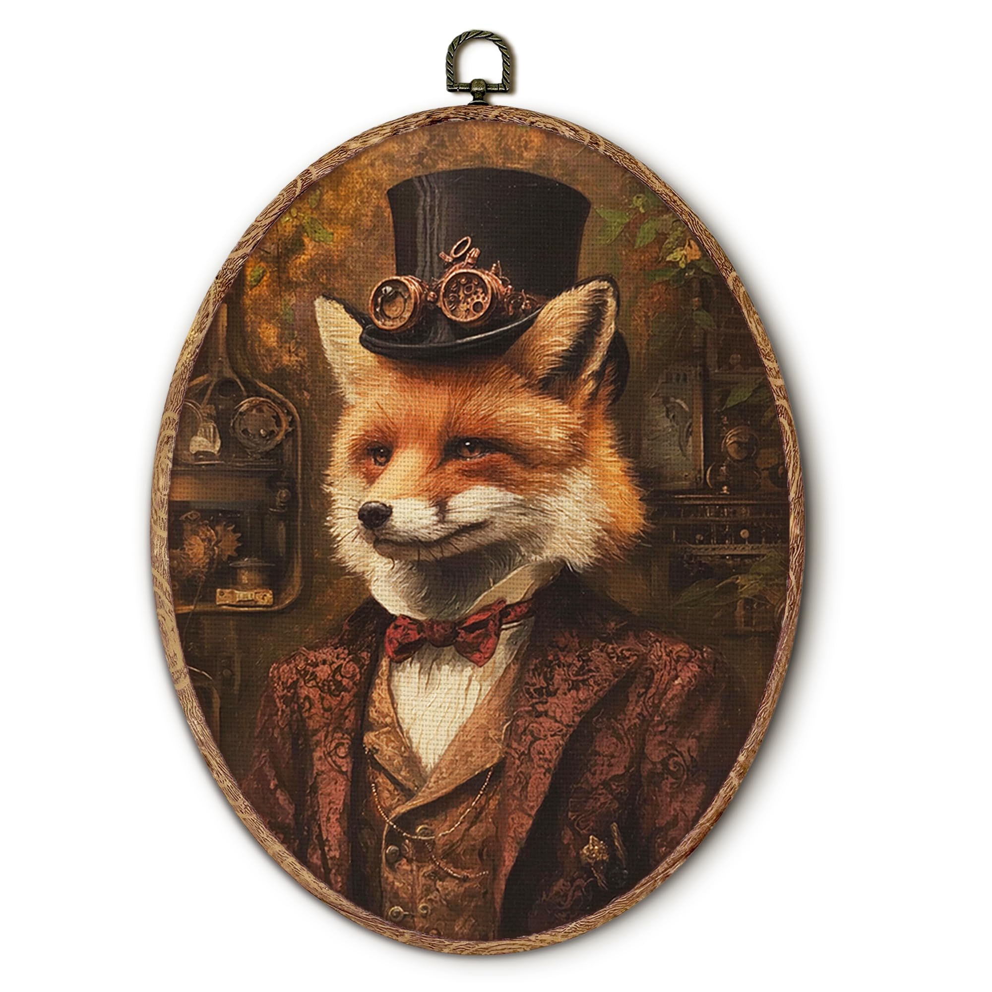 Vintage Fox Oval Wall Art Framed, Dark Moody Fox Oval Wall Decor, Rustic Farm Animal Hanging Canvas Prints Wall Sculptures for Farmhouse Home Living Room Bedroom Decor, 8.5x11.5 Inch