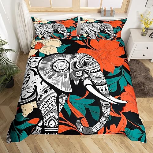 Miniatura 1 de Manfei Juego de funda de edredón de elefante, tamaño Queen, estampado de mandala blanco y negro, 3 piezas para decoración de habitación de niños y